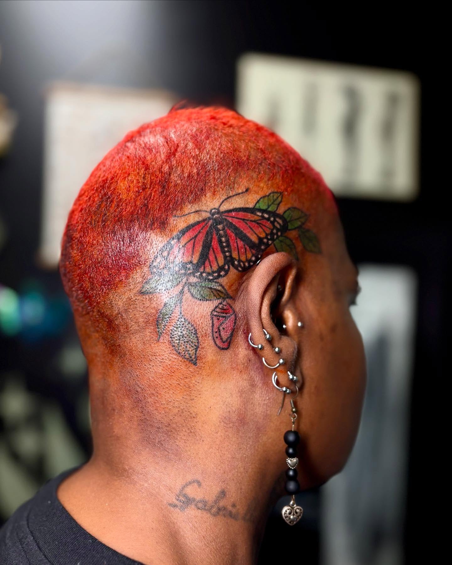 Butterfly and leaves American traditional tattoo on the head by 🖤Sabrina Ryan🖤