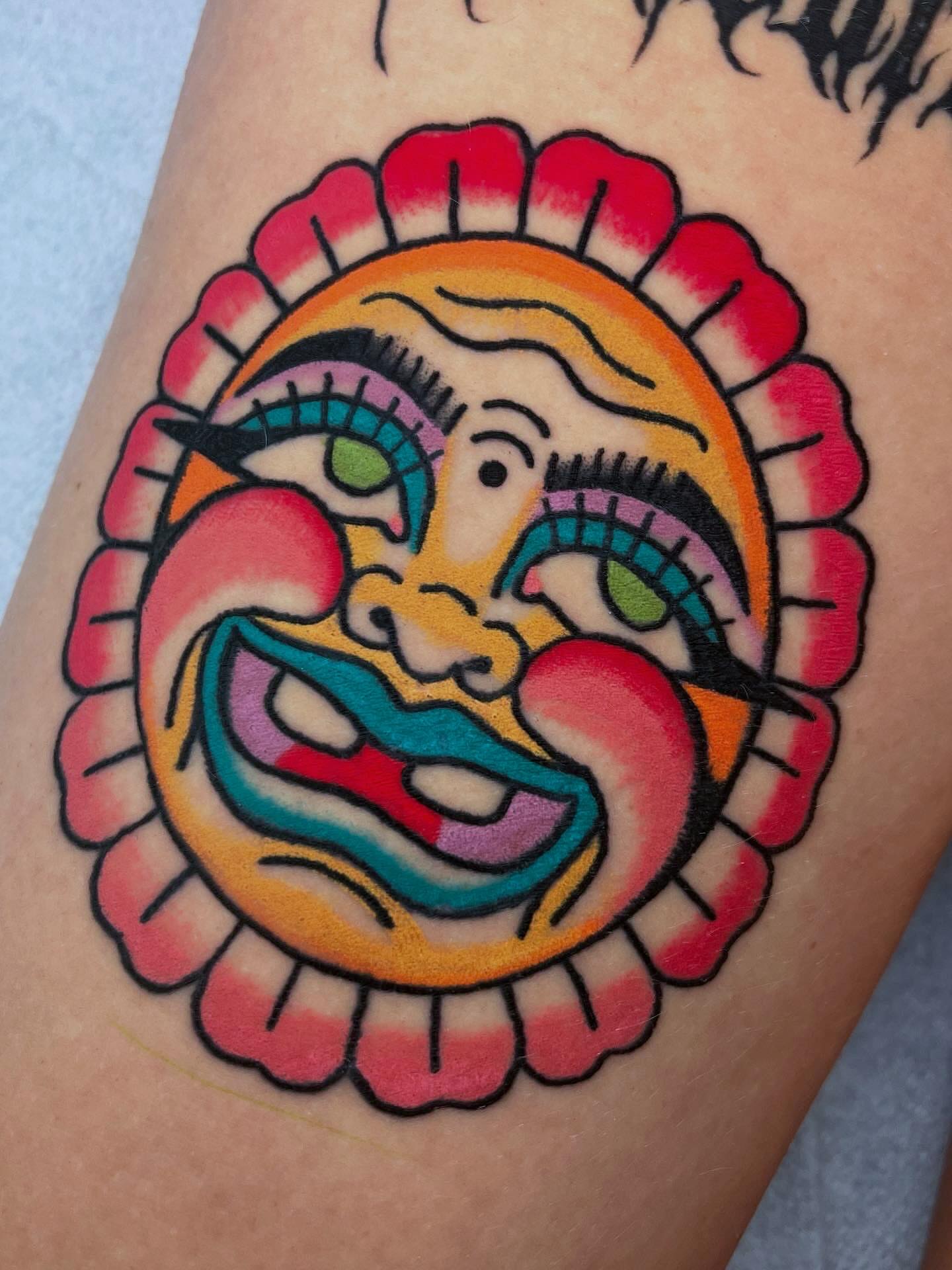 Clown face American traditional tattoo on the forearm by ⭐️ Erin Bauer ⭐️