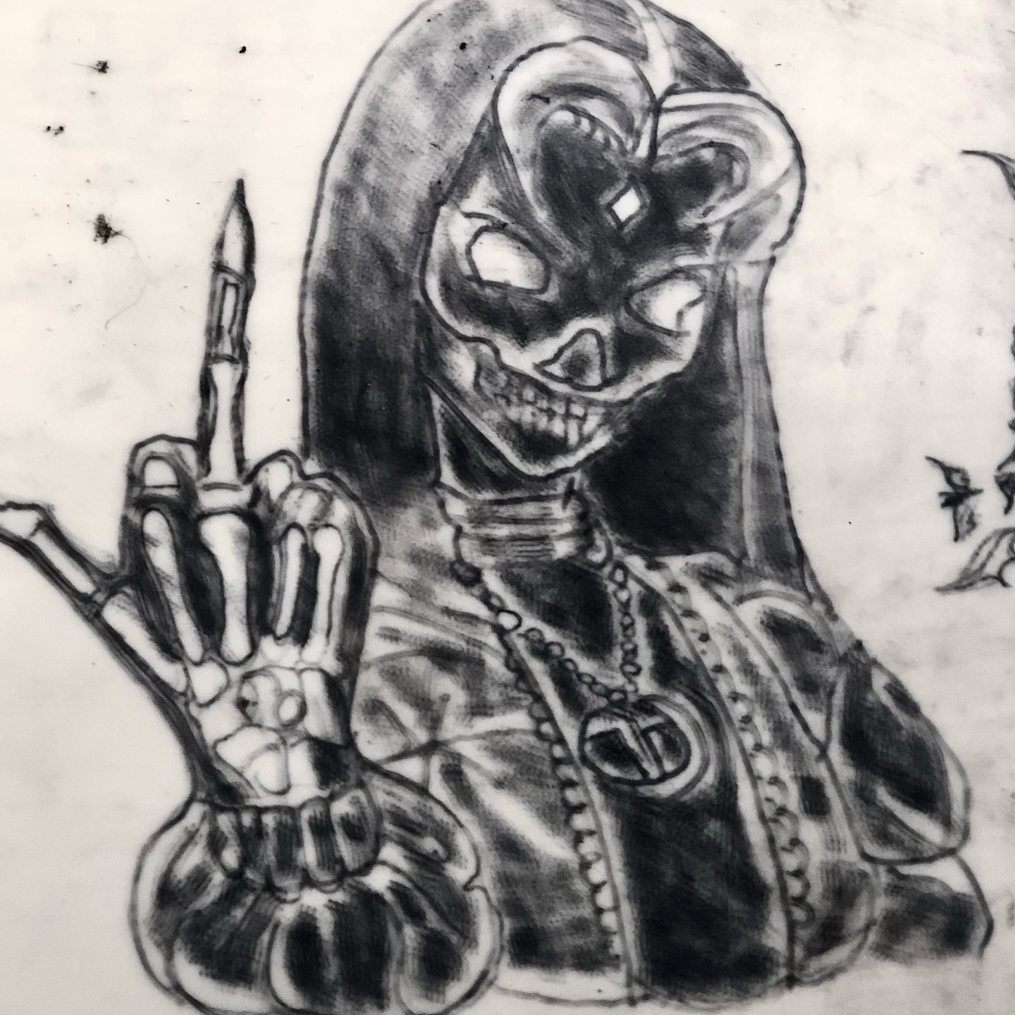 Skeleton middle finger black and grey tattoo by 💜✨🥀⚡🔮ヘンドリックスの家 🖤👁🤘🏽🔥, Irvington, New Jersey