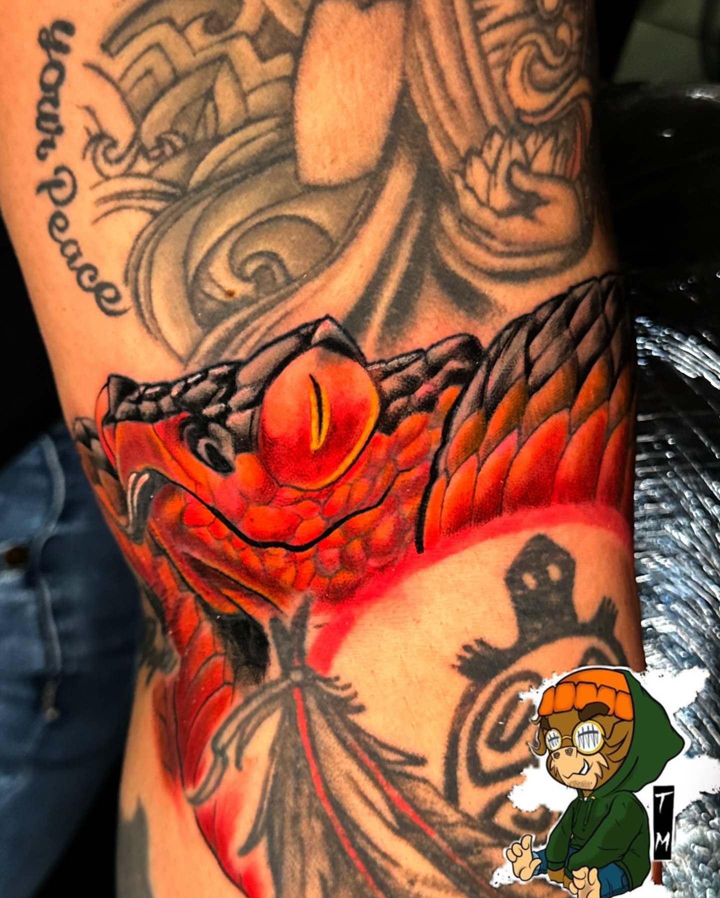 Red dragon American traditional tattoo on the forearm by Davone Joyner, Richmond, Virginia