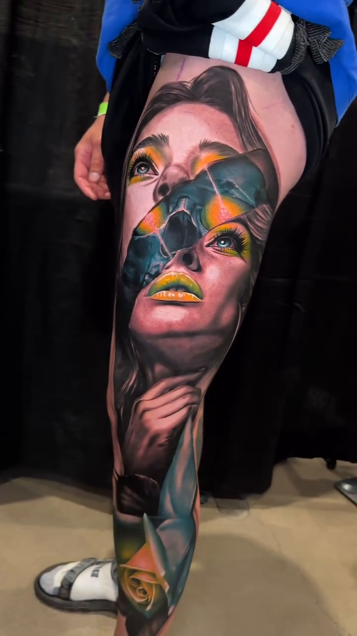 Woman's face with abstract elements realism tattoo by Dakota Case