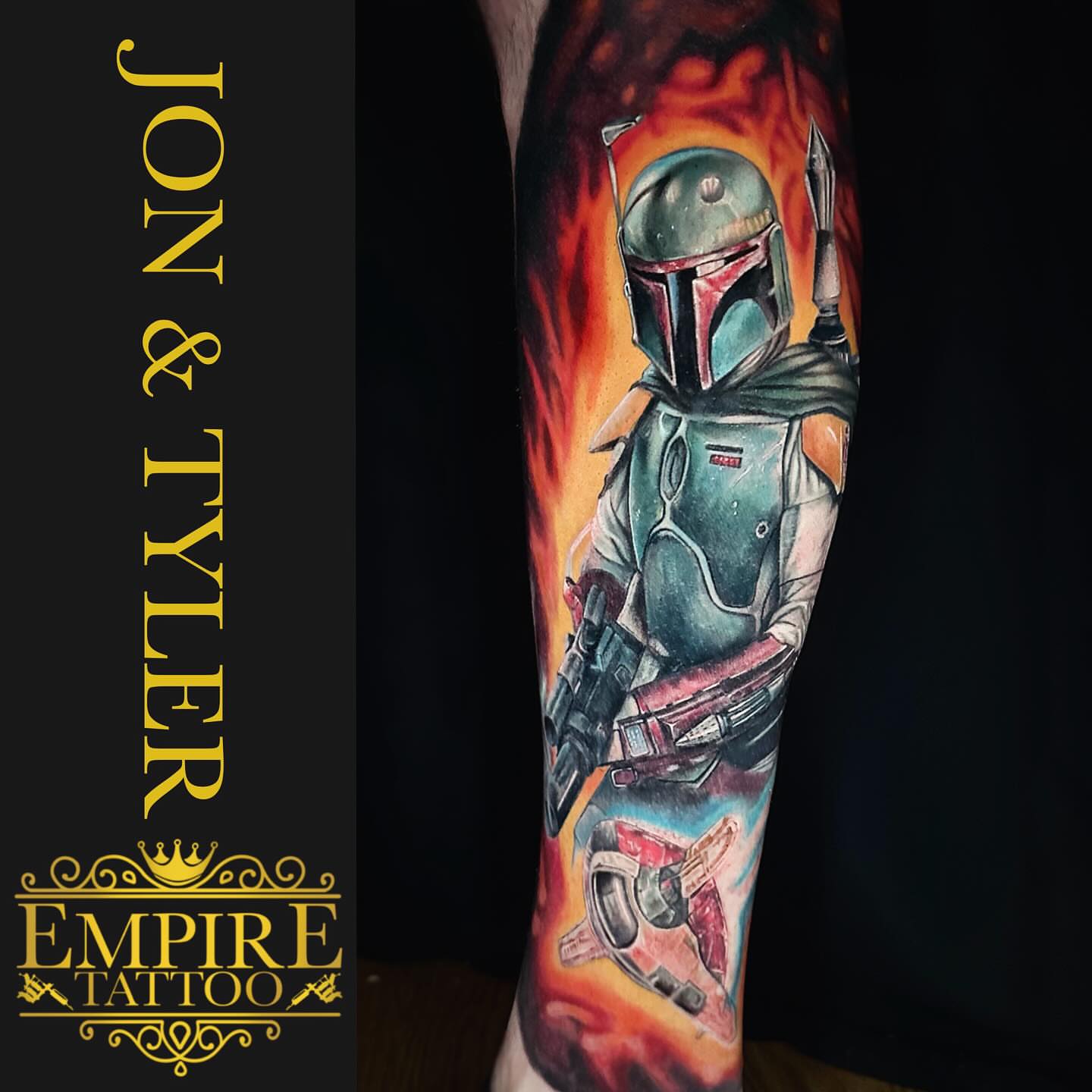 Boba Fett realism tattoo on the forearm by Jon Gioia