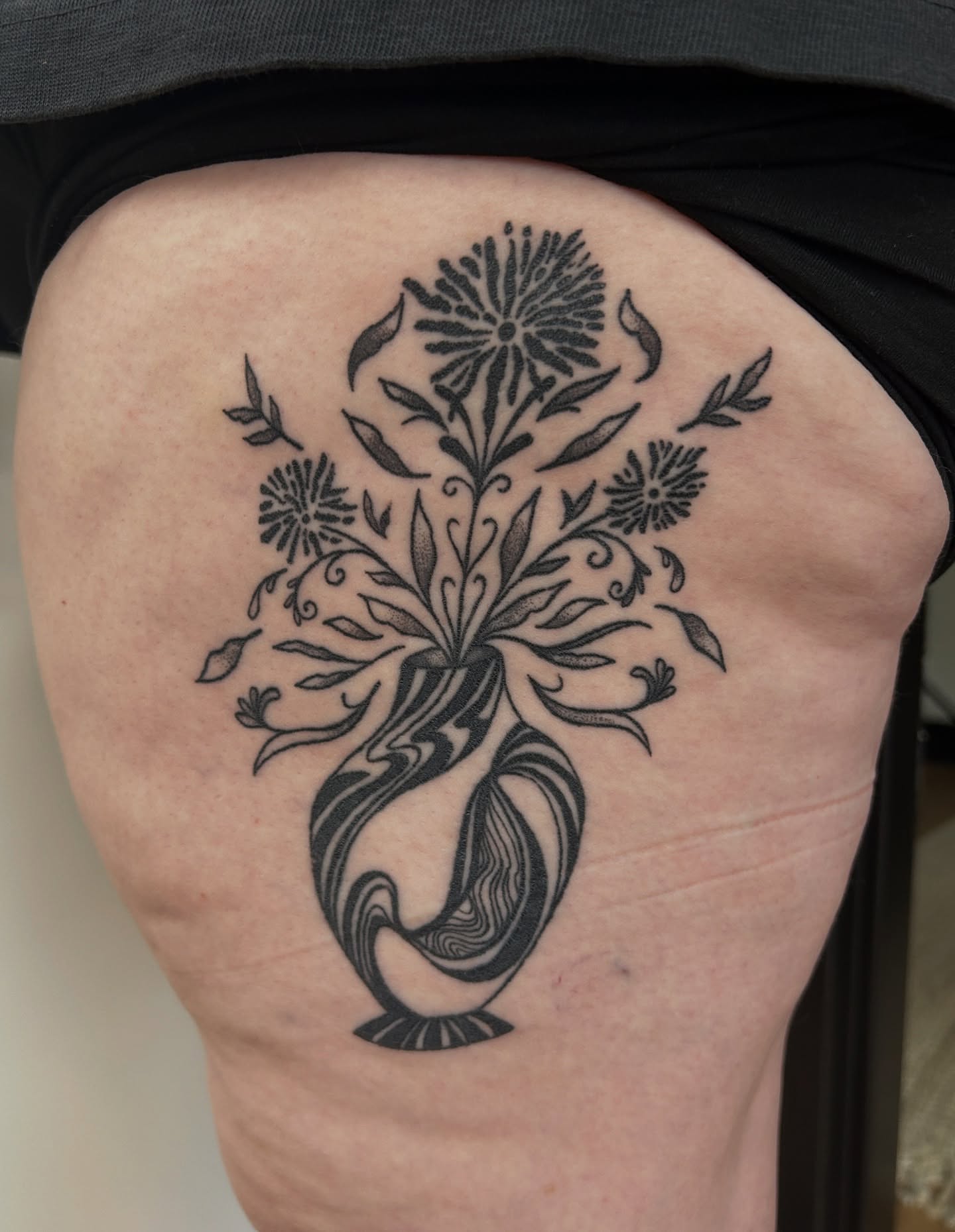 Flower bouquet black and grey tattoo on the thigh by ❆ minneapolis tattoo artist ❆