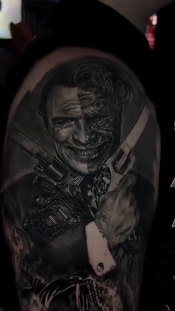 Joker portrait realism tattoo by Steven Pelkey, Eastpointe, Michigan