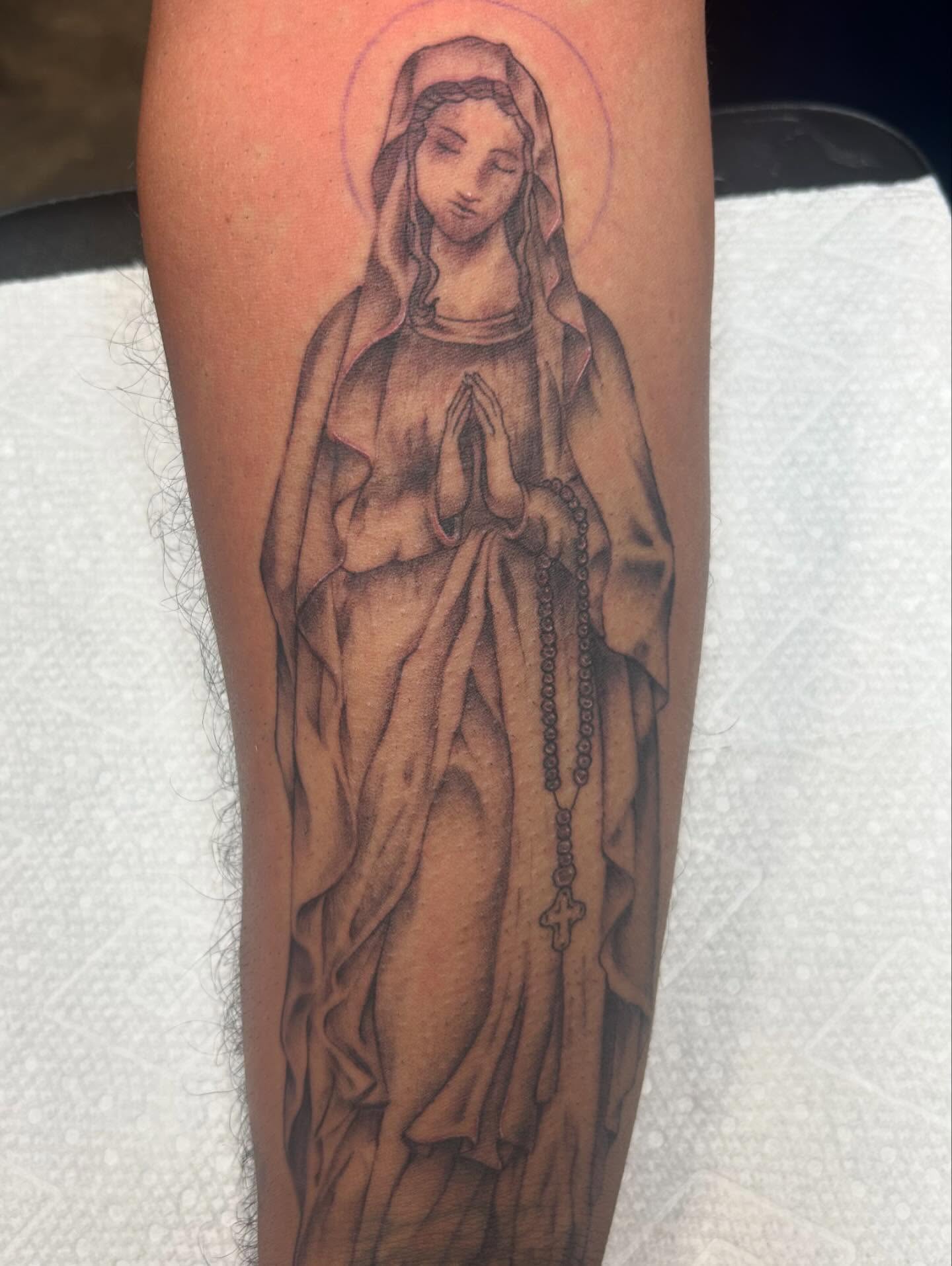 Virgin mary black and grey tattoo on the forearm by Big Mar, Rocky Hill, Connecticut