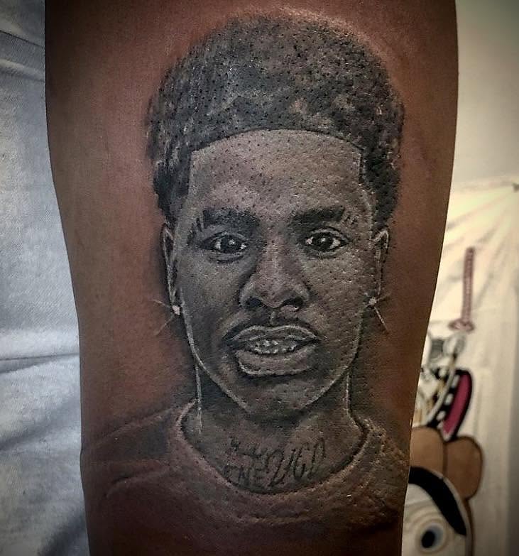 Portrait dotwork tattoo on the forearm by Adrian Shan Carr