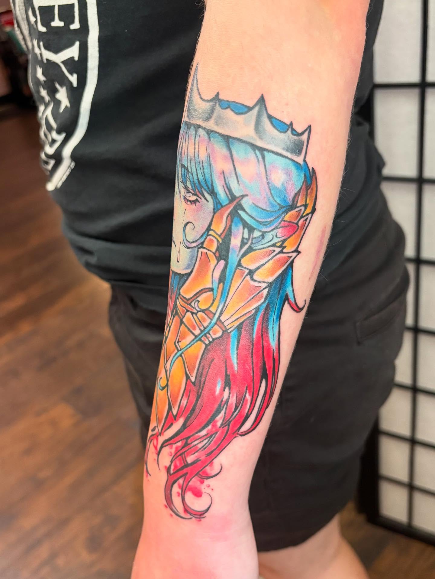 Anime character anime tattoo on the forearm by Callum