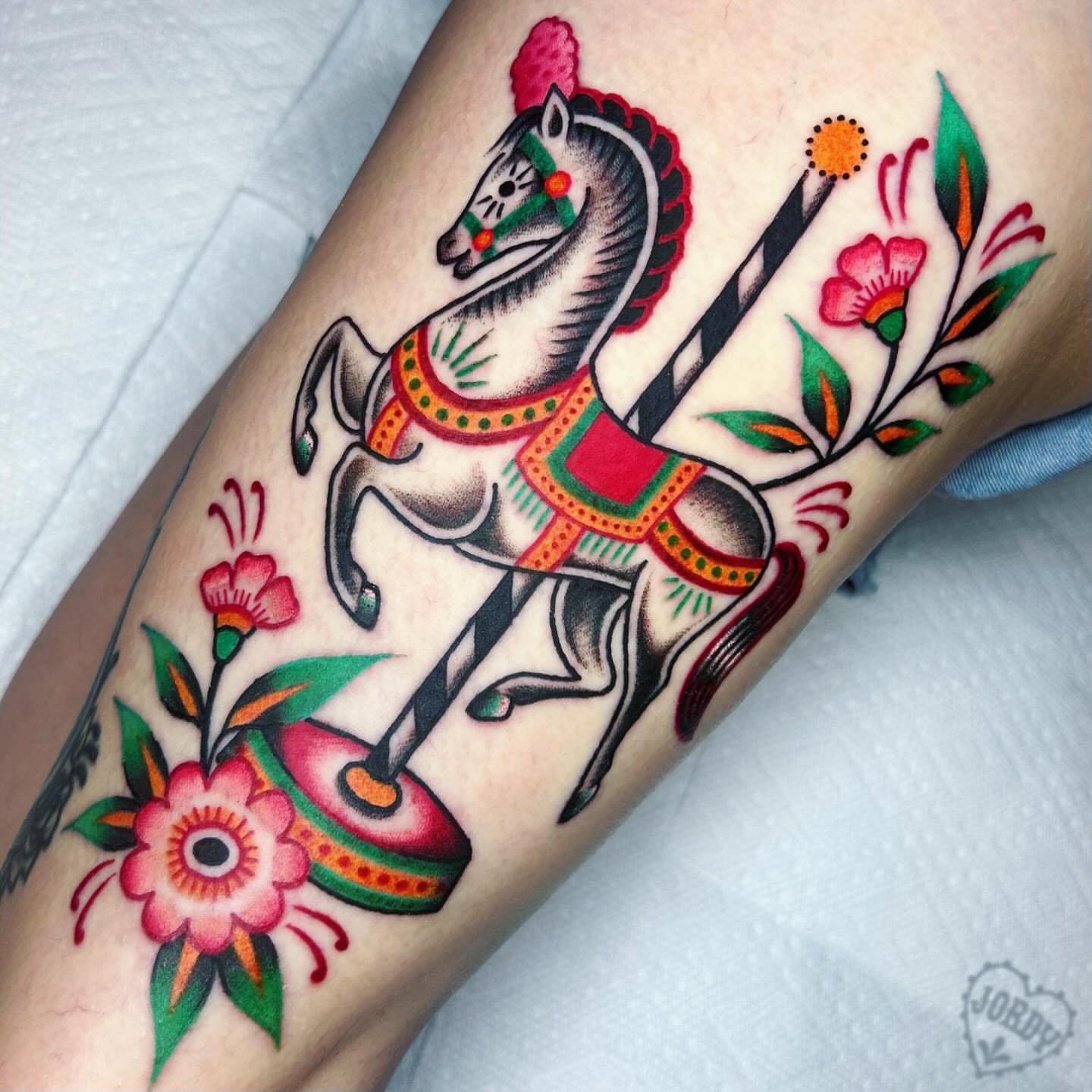 Carousel horse American traditional tattoo on the forearm by jordy, Philadelphia, Pennsylvania