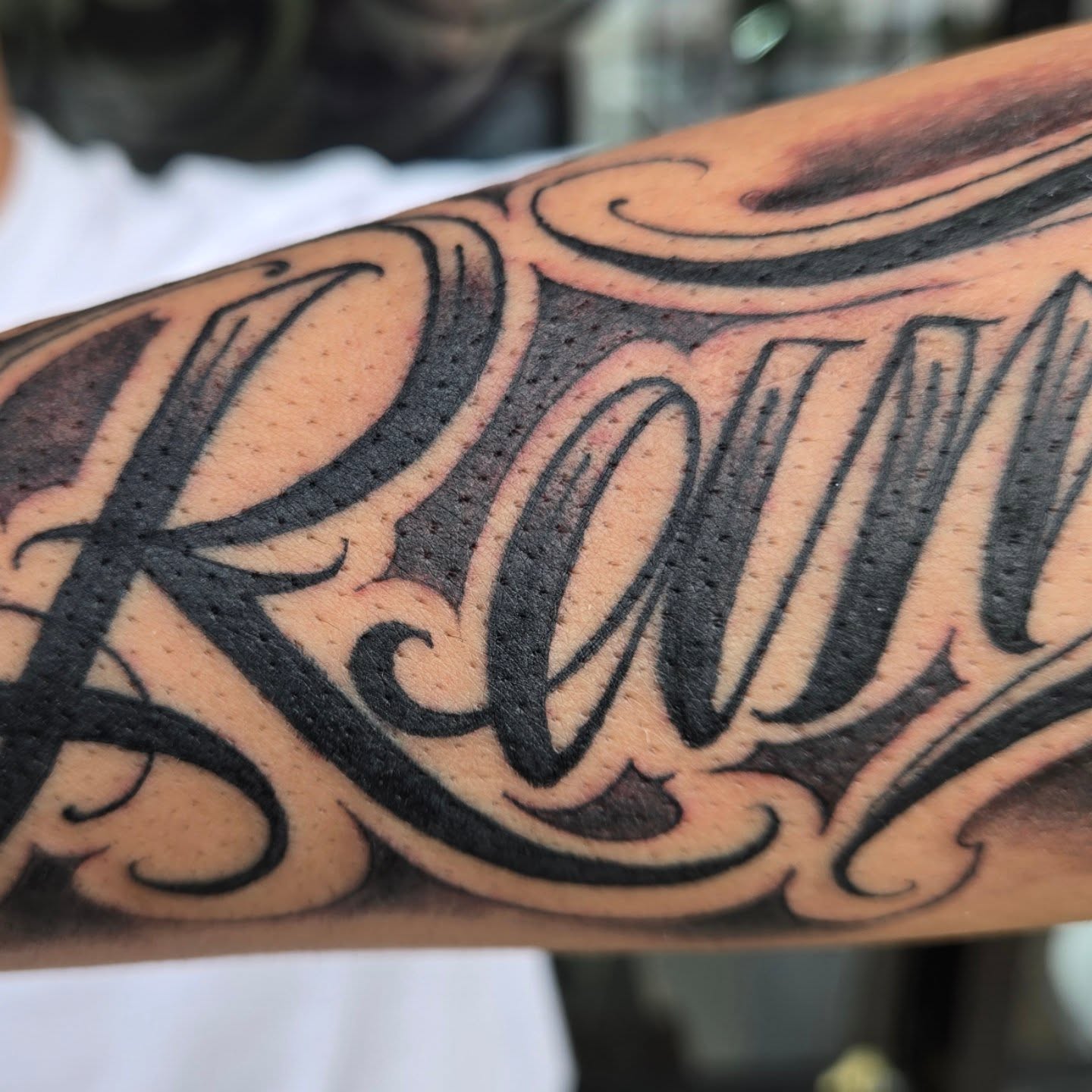 Script lettering lettering script tattoo on the forearm by DiazTattoos, Denver, Colorado