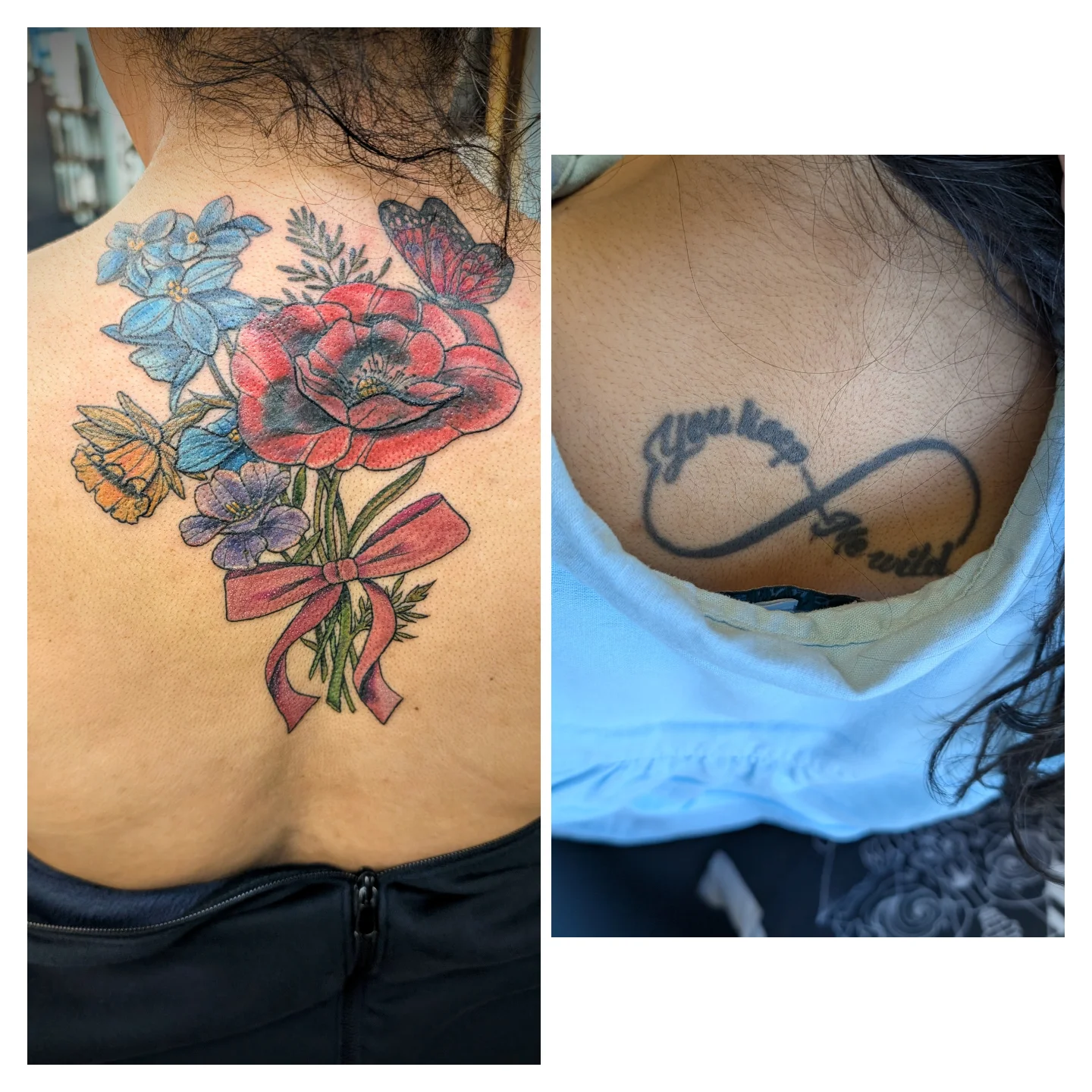 Flower bouquet American traditional tattoo on the back by Devon Ward, Portland, Oregon