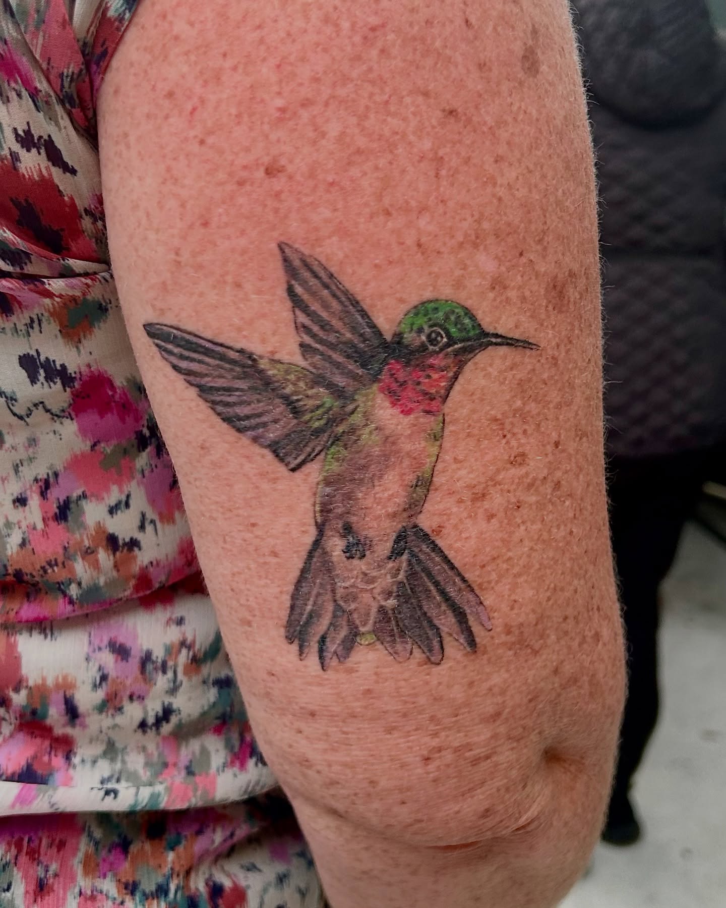 Hummingbird realism tattoo on the forearm by Mallory