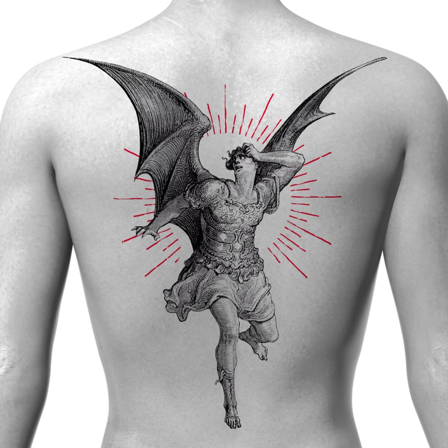 Winged angel black and grey tattoo on the back by Bryan Black