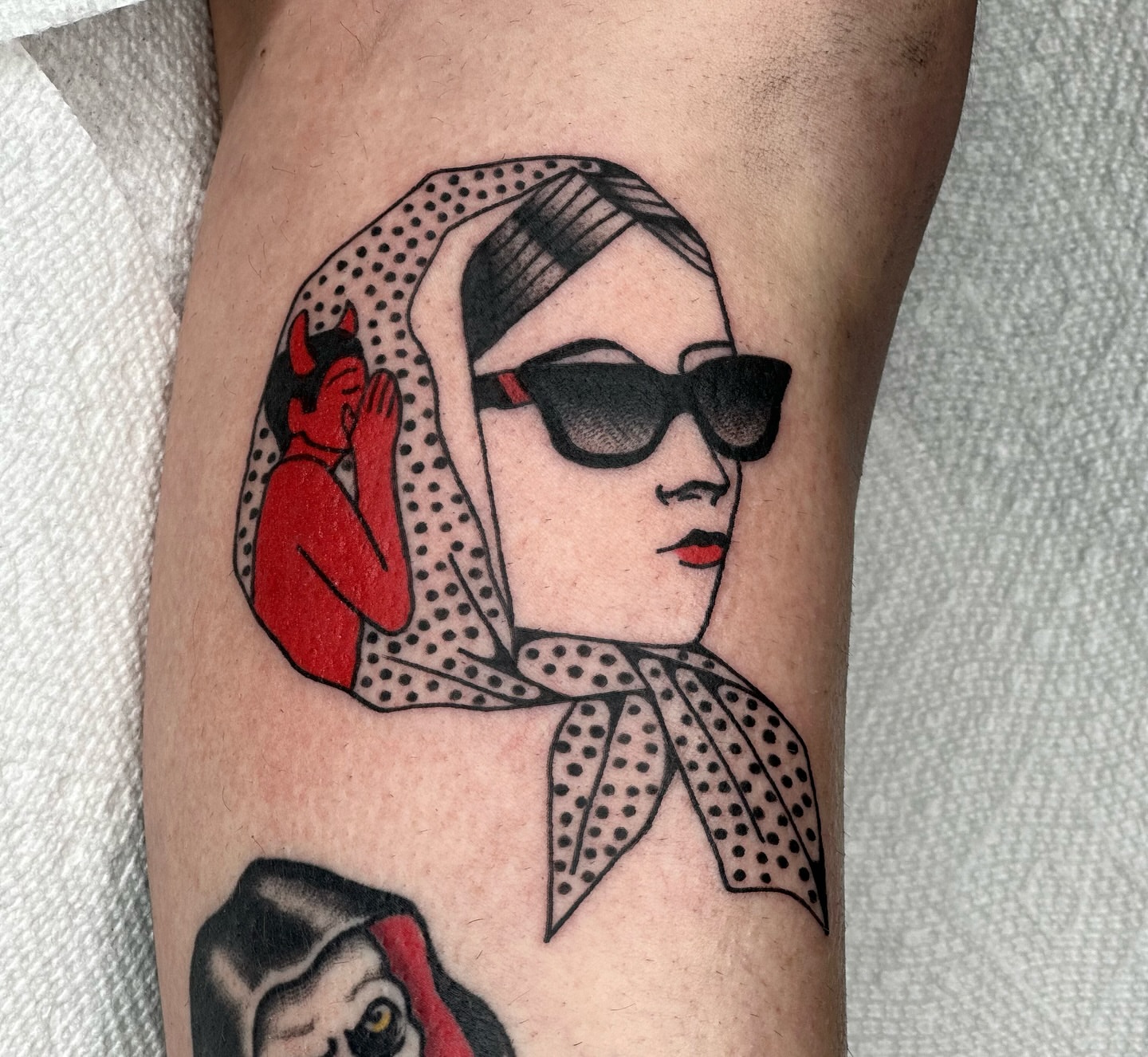 Woman wearing sunglasses dotwork tattoo on the forearm by Maks