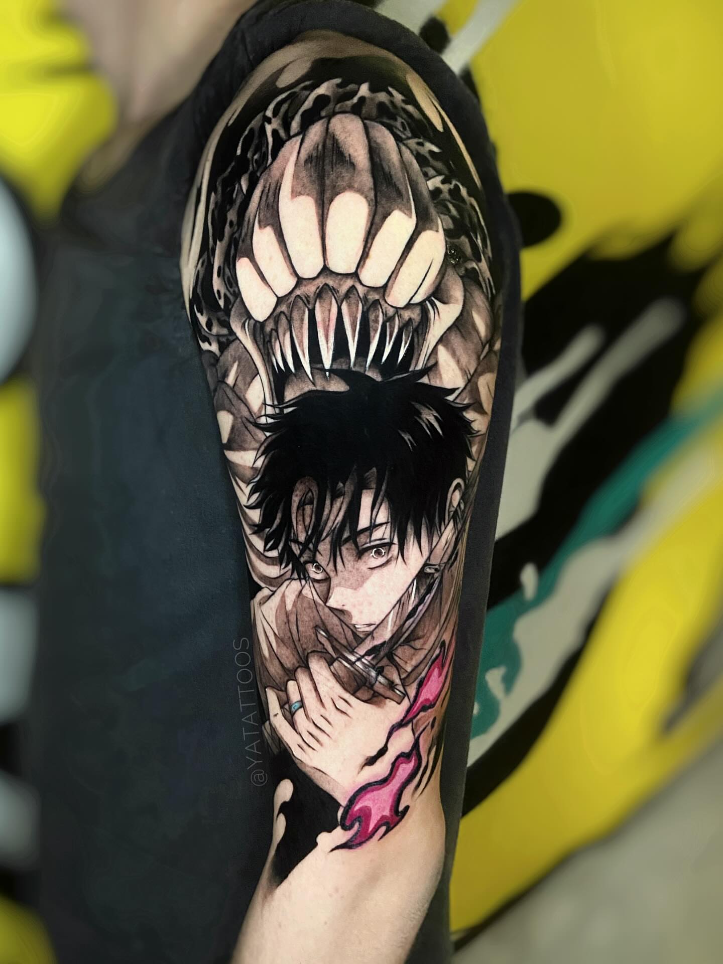 Anime character anime tattoo on the upper arm by Yasmin Almeida