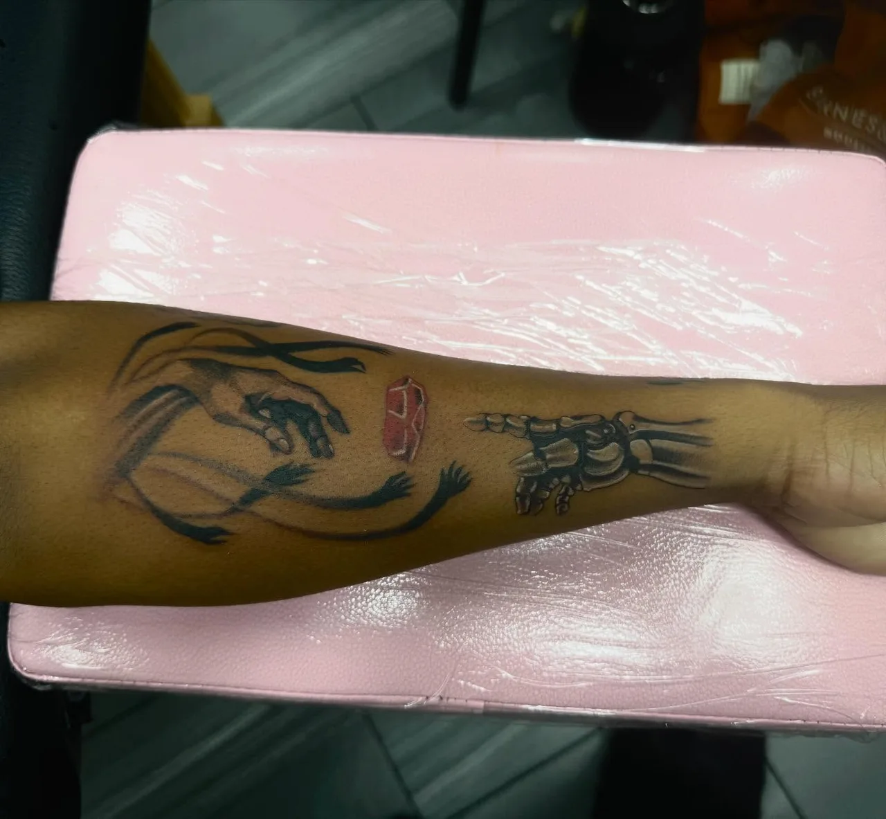 Woman reaching for gem neo-traditional tattoo on the forearm by lizzy, Damascus, Maryland