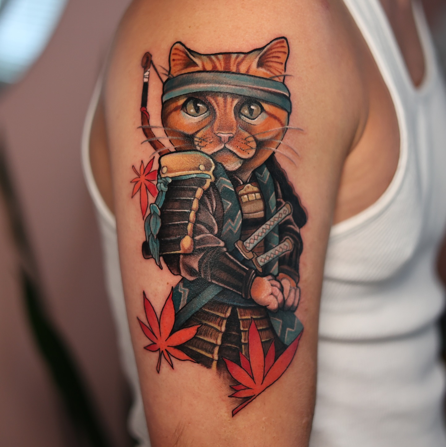 Cat samurai American traditional tattoo on the forearm by Steve Gentile Tattoos