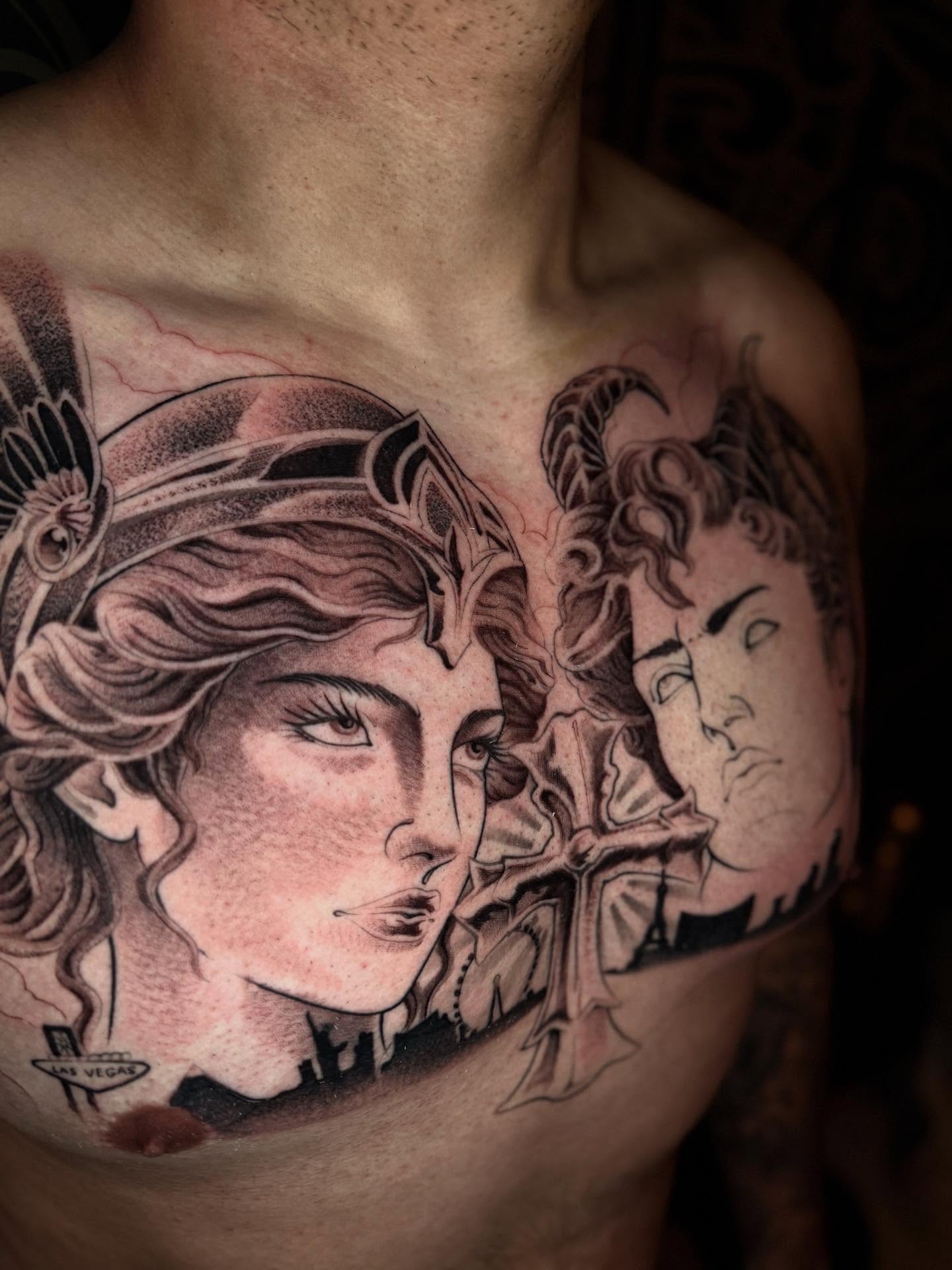 Woman's face realism tattoo on the chest by Angelo Buonanno, Las Vegas, Nevada