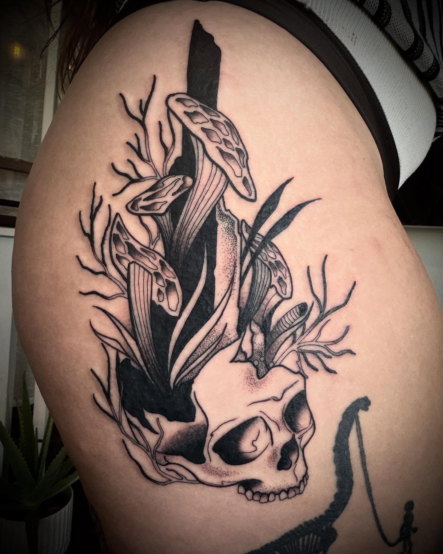 Mushroom skull dotwork tattoo on the shoulder by Paul Giovis