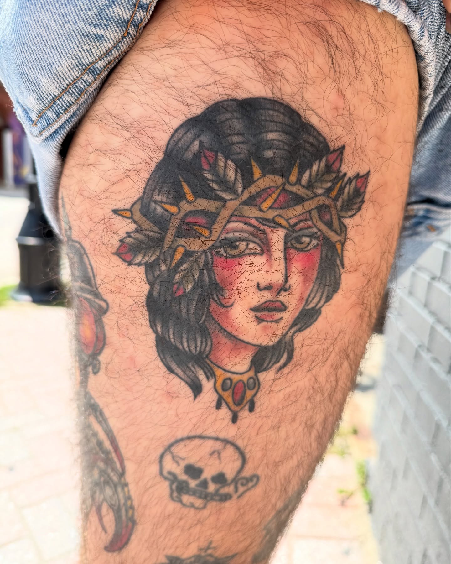 Woman with crown American traditional tattoo on the thigh by πππ’π―π’π¨ πππΆπ©π¬π―π, Manchester, New Hampshire