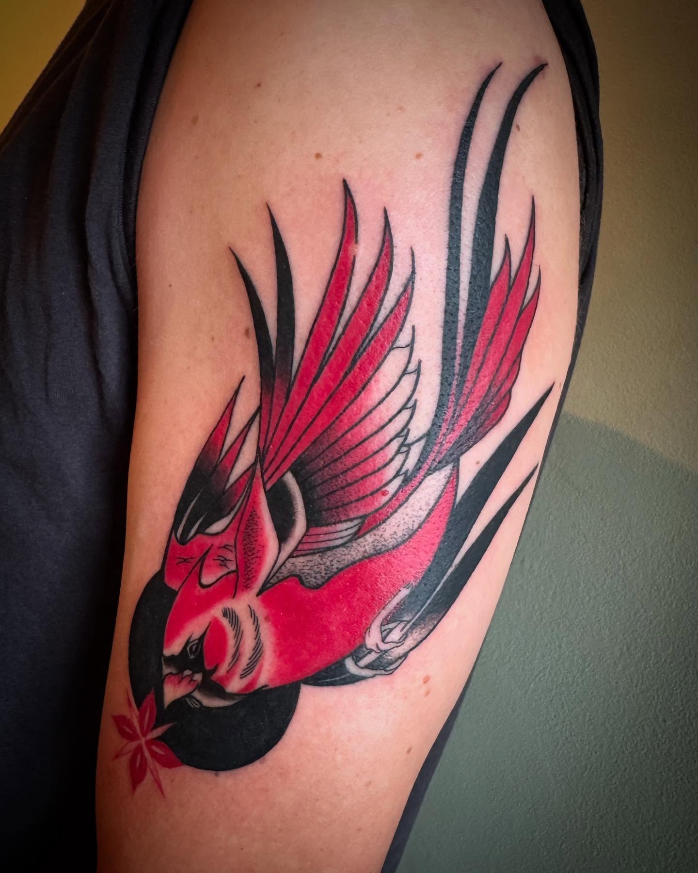 Bird American traditional tattoo on the shoulder by Paul Giovis