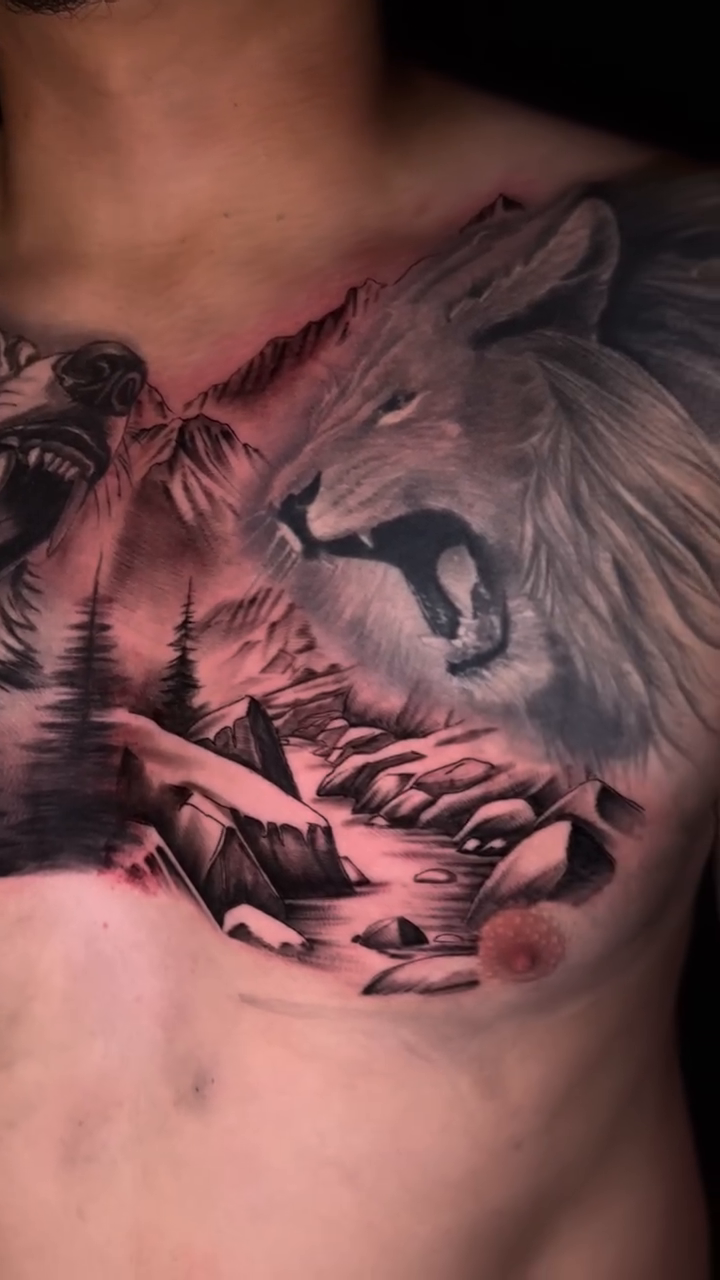 Wolves in a forest landscape realism tattoo by Danny Aceves ✨ San Diego tattoo artist