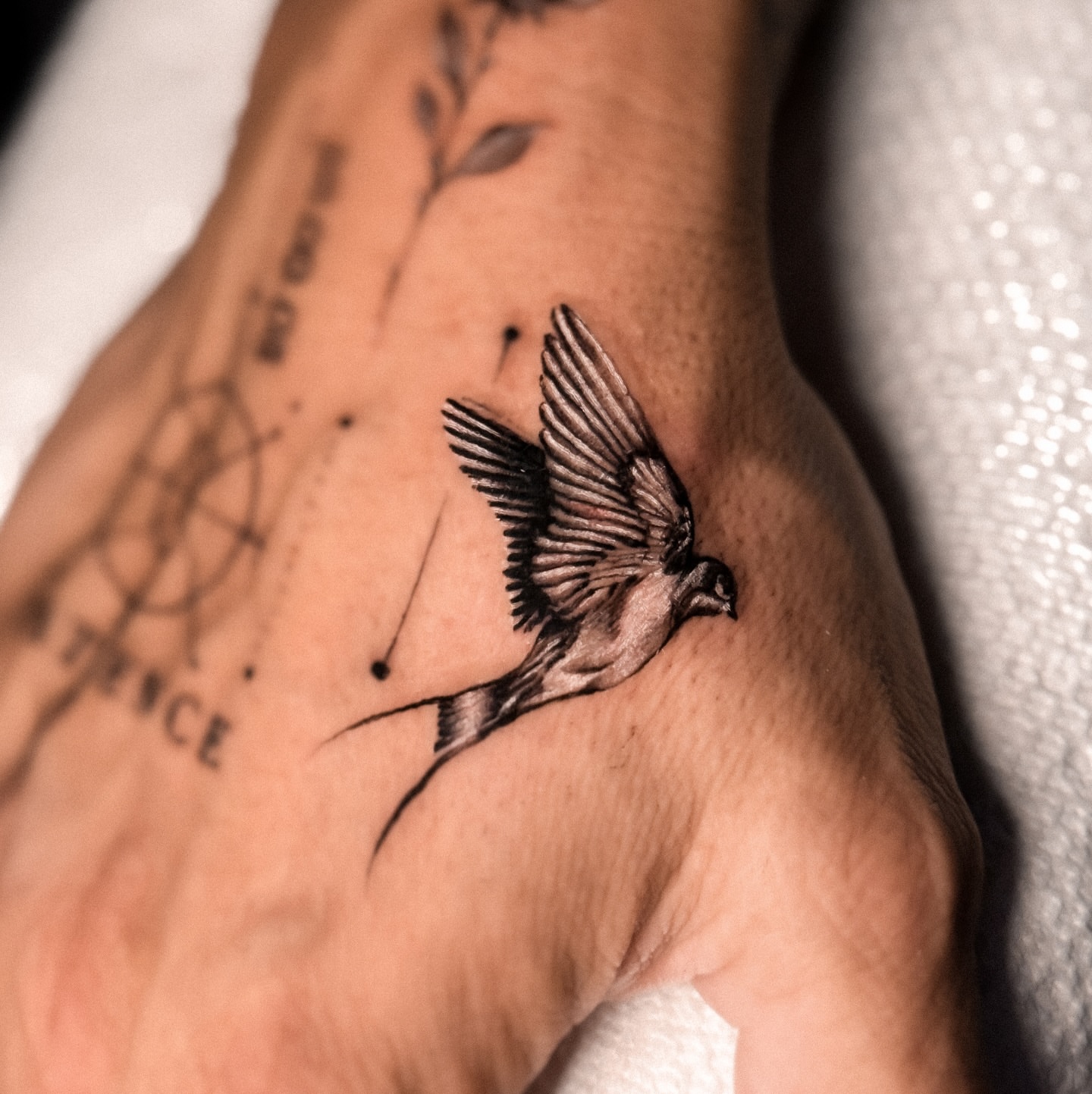 Bird black and grey tattoo on the forearm by πππΉππππππππππππ