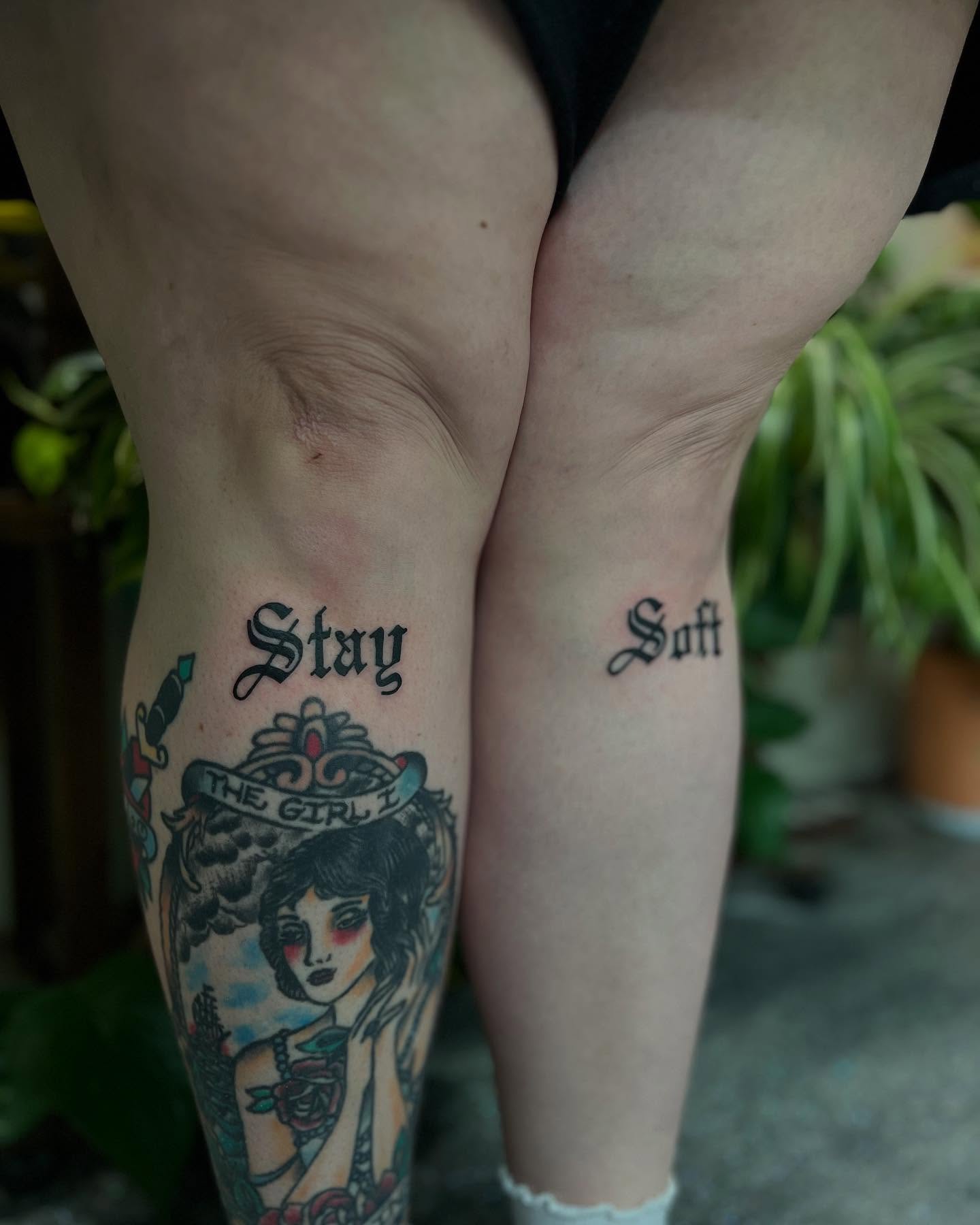 Stay soft American traditional tattoo on the leg by 𝖑𝖎𝖑 𝖗𝖎𝖘𝖘
