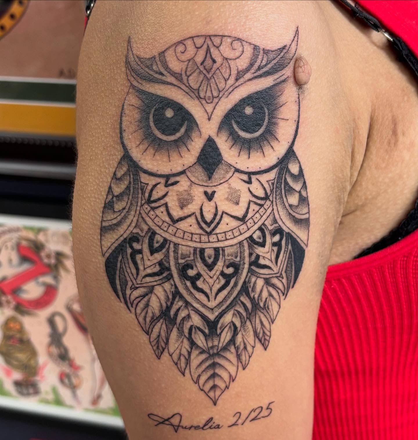 Owl geometric tattoo on the thigh by Amy Kolton