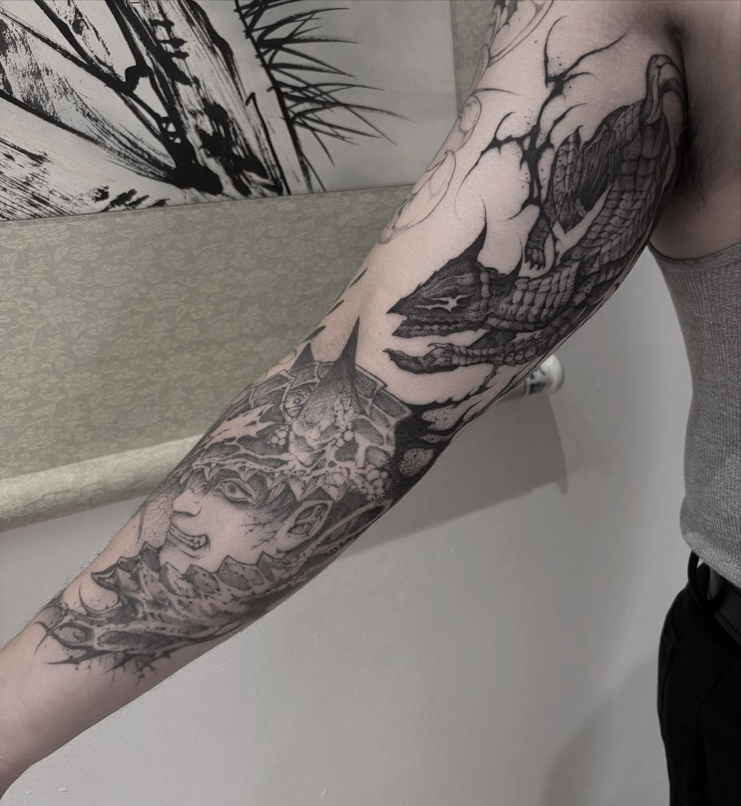 Snake and woman dotwork tattoo on the forearm by Becci Chelicerata