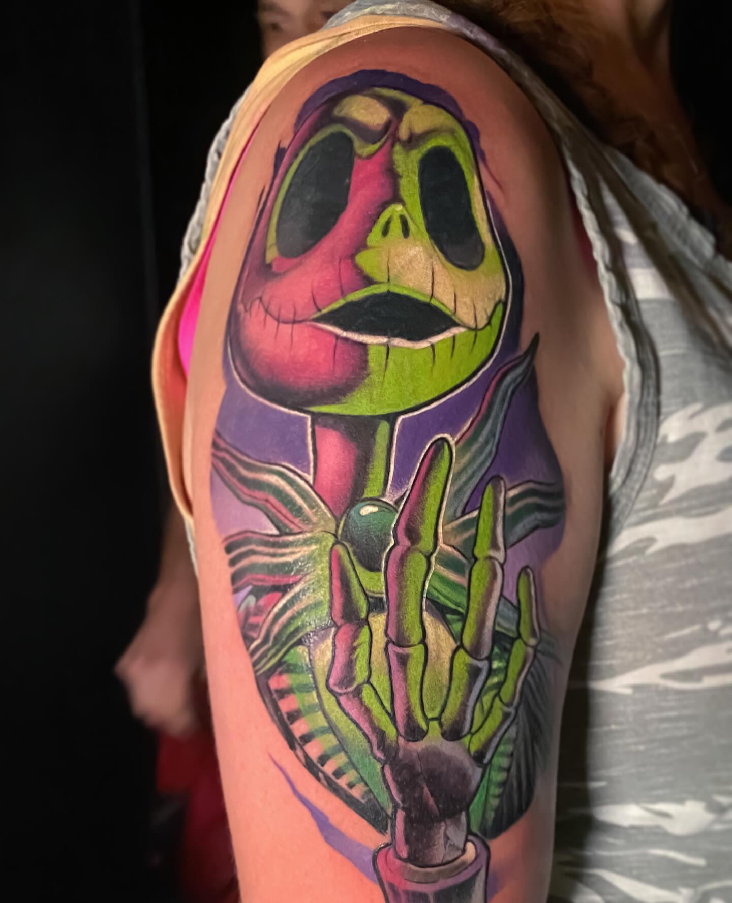 Jack Skellington new school tattoo on the shoulder by Picasso Dular, Lake Forest, California