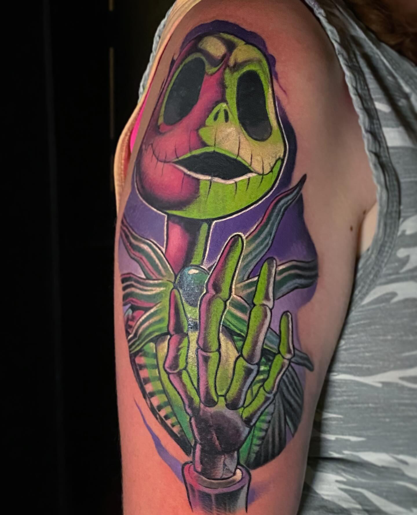 Jack Skellington new school tattoo on the shoulder by Picasso Dular, Lake Forest, California