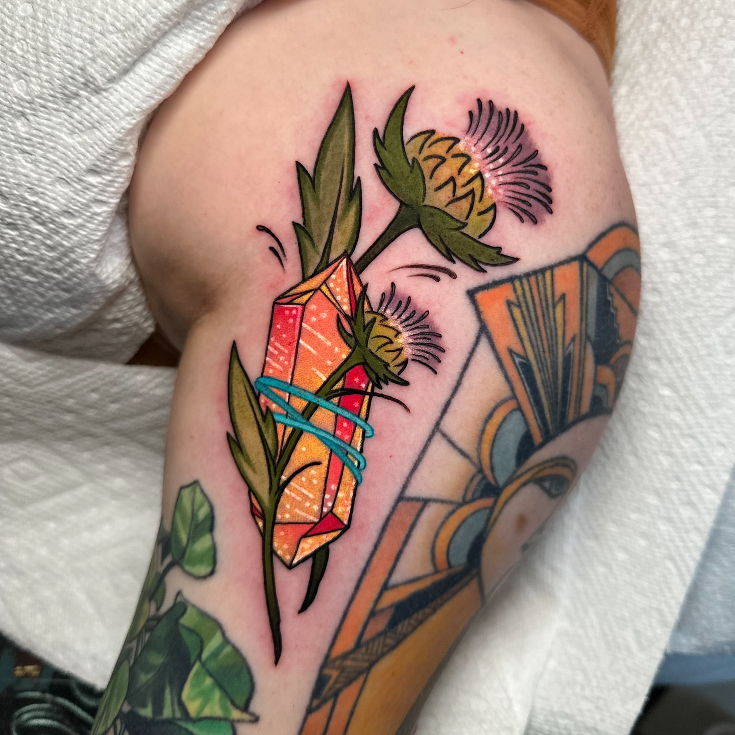 Crystal and flowers American traditional tattoo on the forearm by Tayler Pearson, Fort Collins, Colorado