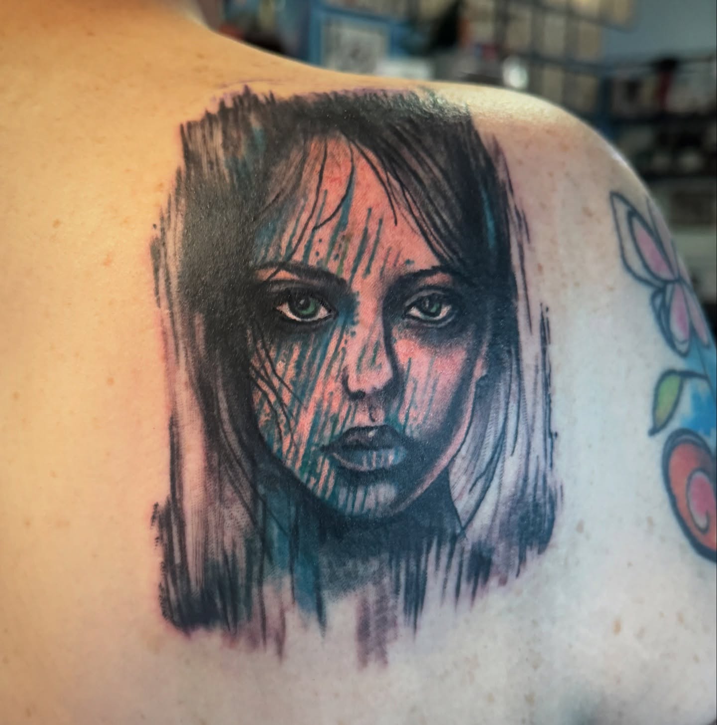 Portrait realism tattoo on the shoulder by Misty Dawn Brothers, Dayton, Ohio
