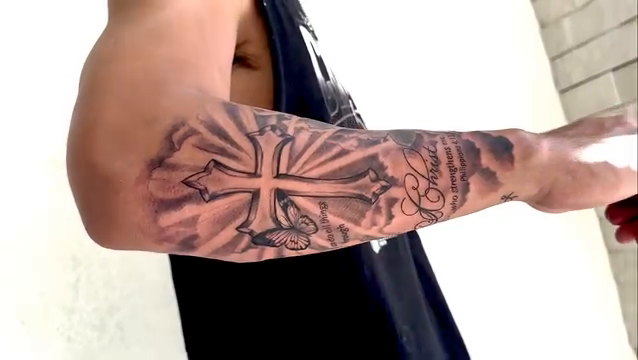 Cross with rays and text realism tattoo by Healoha “Lindelle” Kamanu