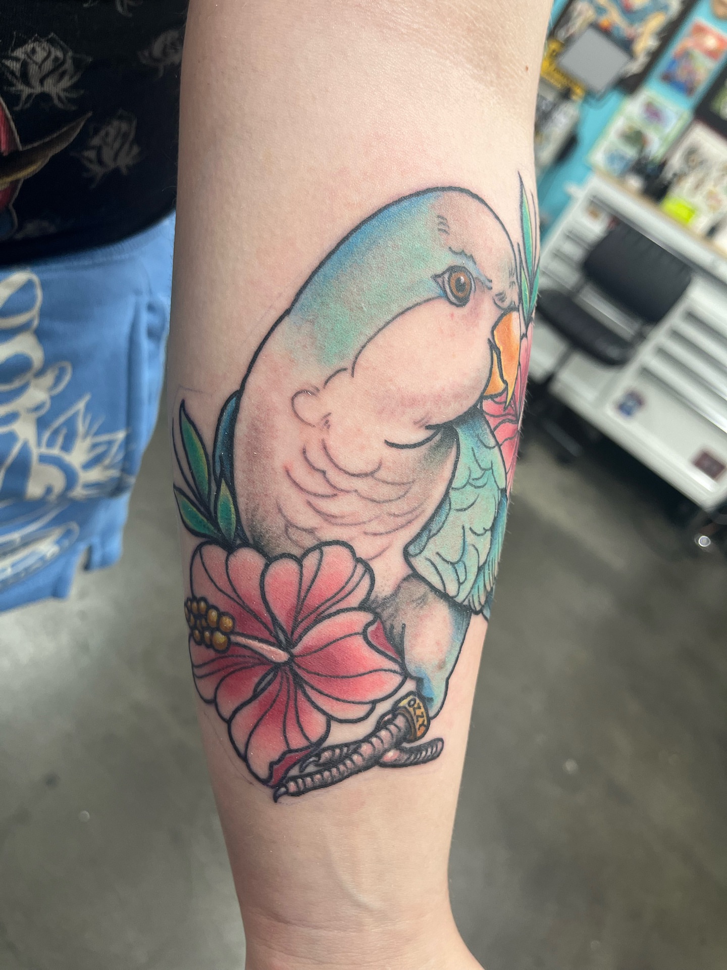 Parrot and flower American traditional tattoo on the forearm by Ashley Camp