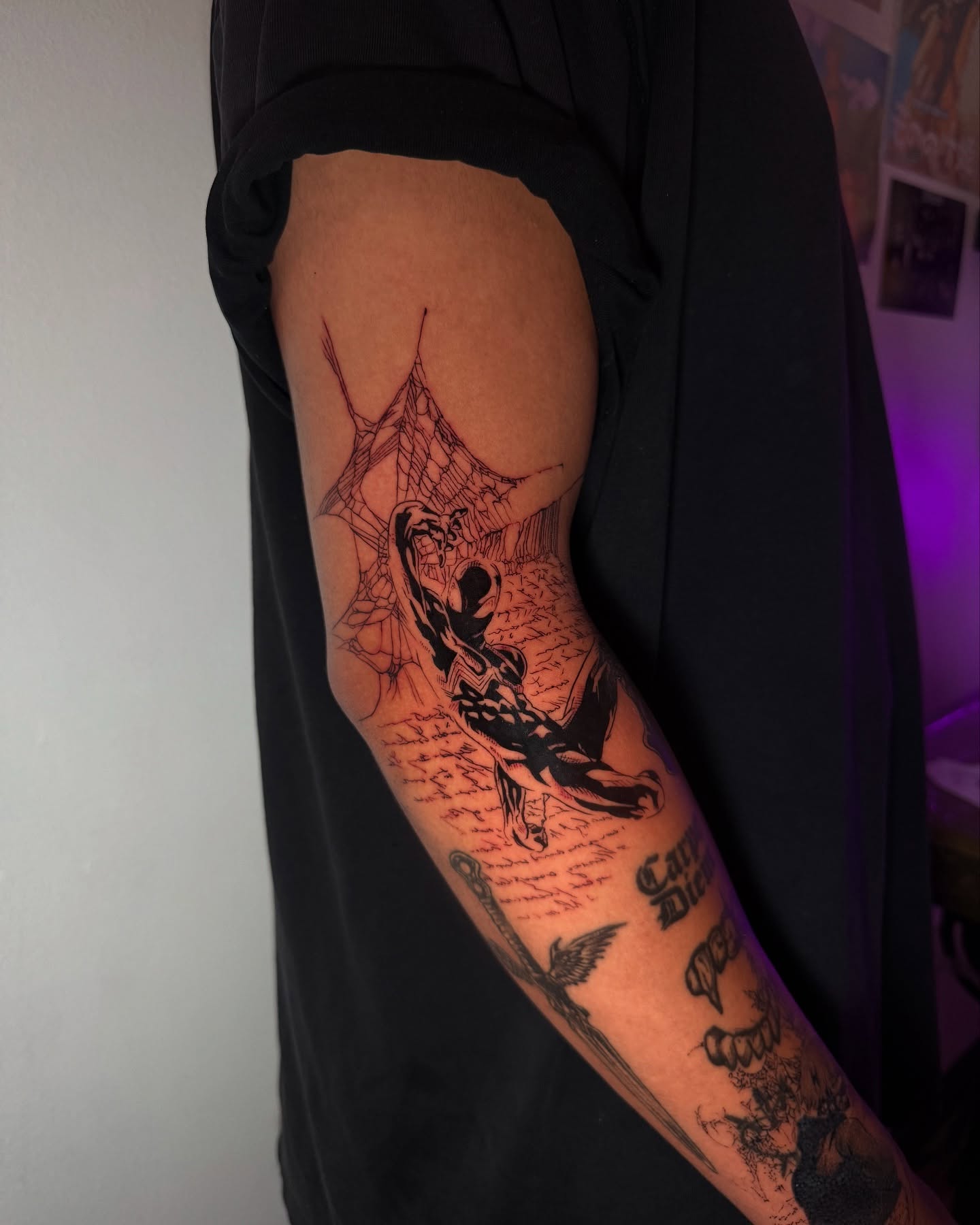 Spider web and figure dotwork tattoo on the forearm by aamora ꩜