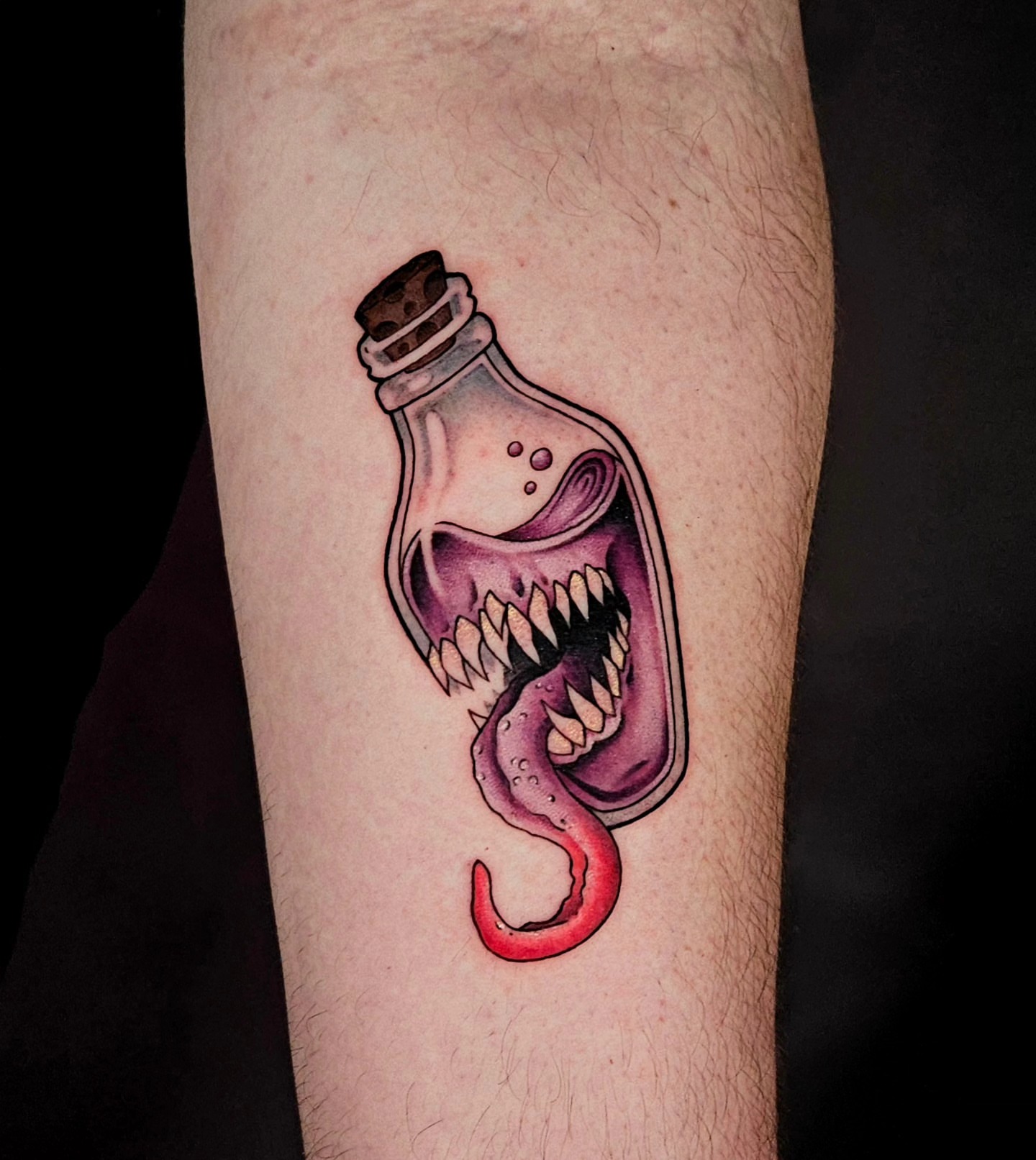 Monster in bottle dotwork tattoo on the forearm by Chloe🌿Tattoos