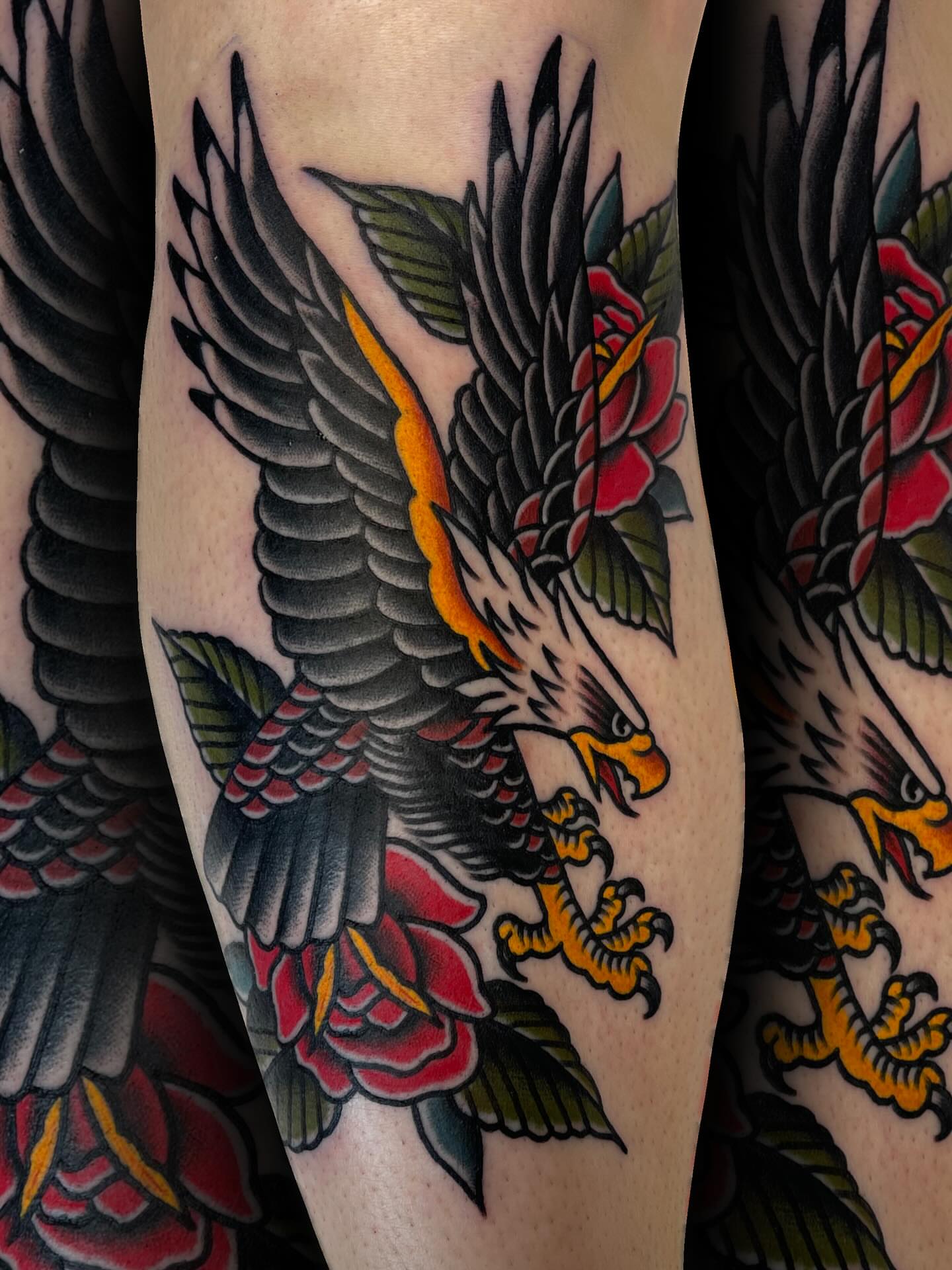Eagle and roses American traditional tattoo on the forearm by ᴄʜʀɪs ᴀᴠᴇʀᴀ