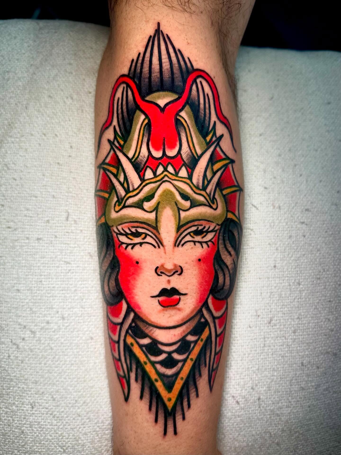 Woman's face American traditional tattoo on the forearm by ✶ 𝑺𝑰𝑳𝑽𝑨𝑵𝑨