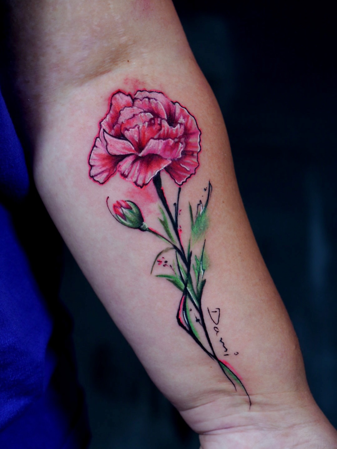 Carnation realism tattoo on the forearm by Keyla Valdes, Miami, Florida