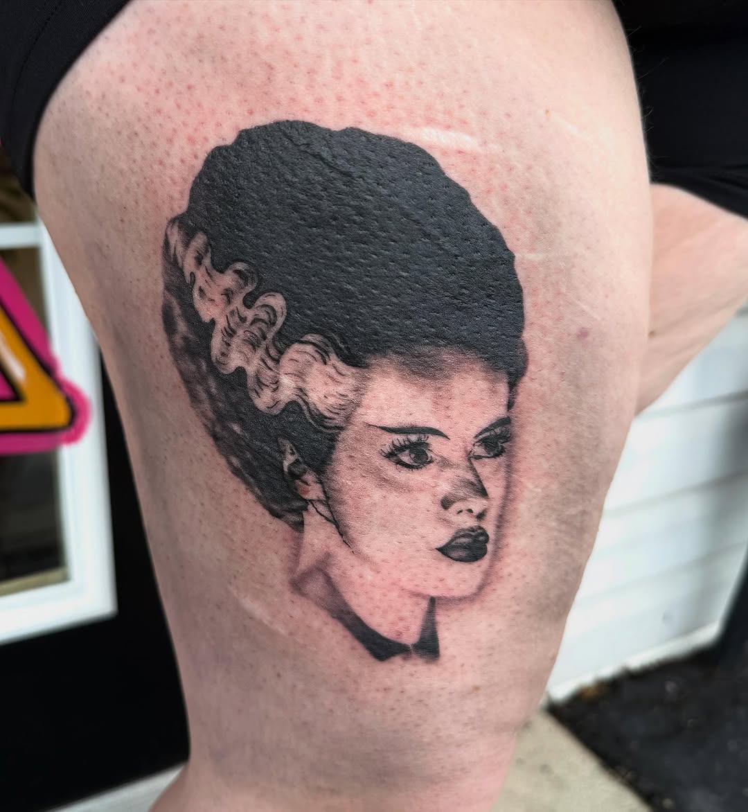 Bride of Frankenstein portrait realism tattoo on the thigh by Scout Meyer