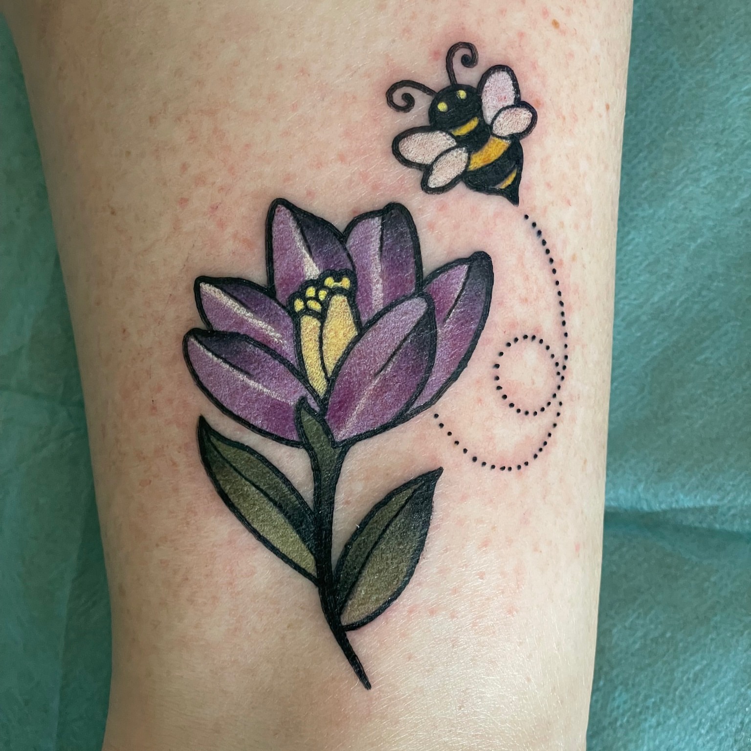 Bee and flower dotwork tattoo on the forearm by Kimberly Parton- Chapel Hill Tattooer, Chapel Hill, North Carolina