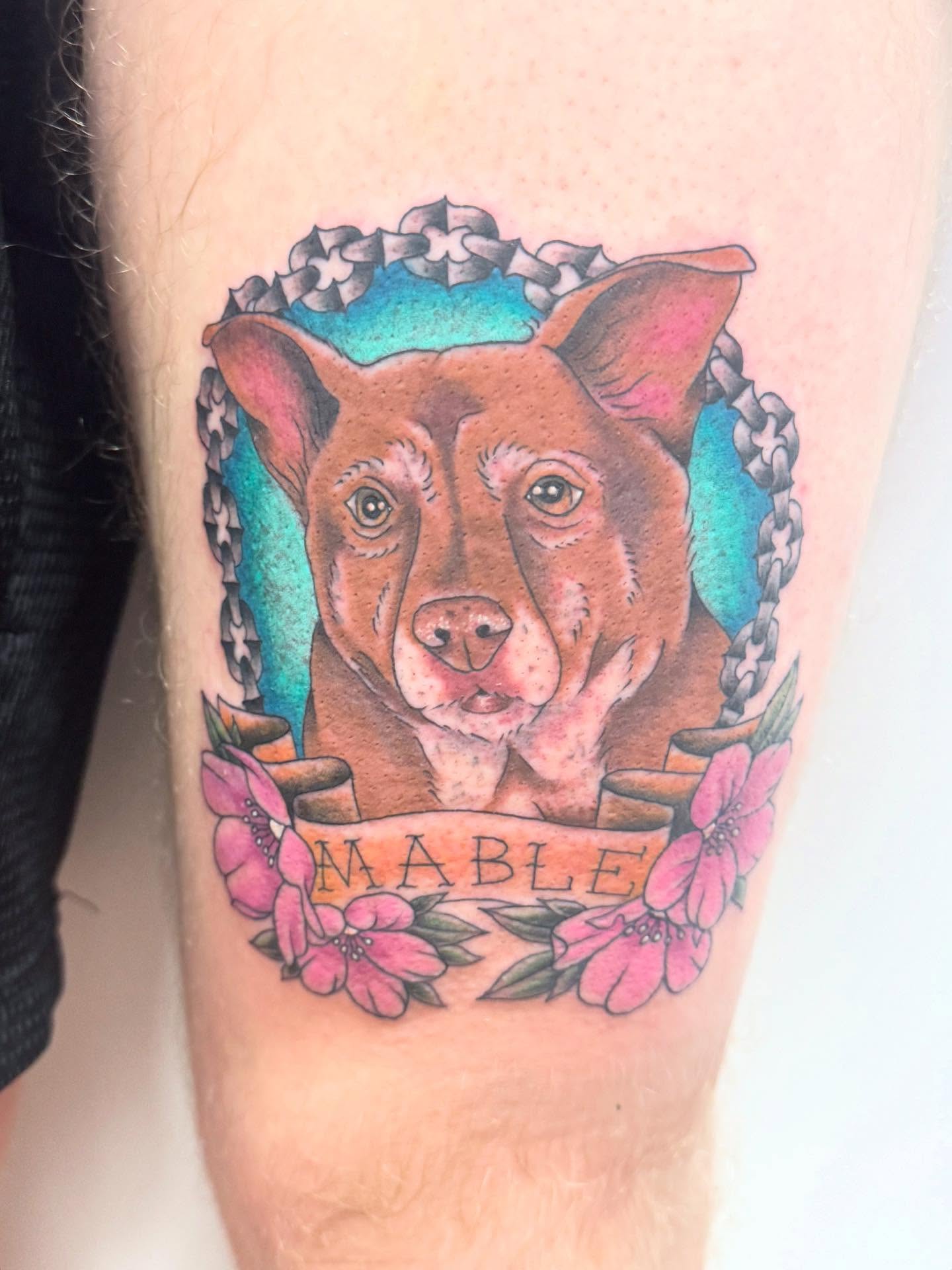 Dog portrait realism tattoo on the forearm by McKenna Chalifoux