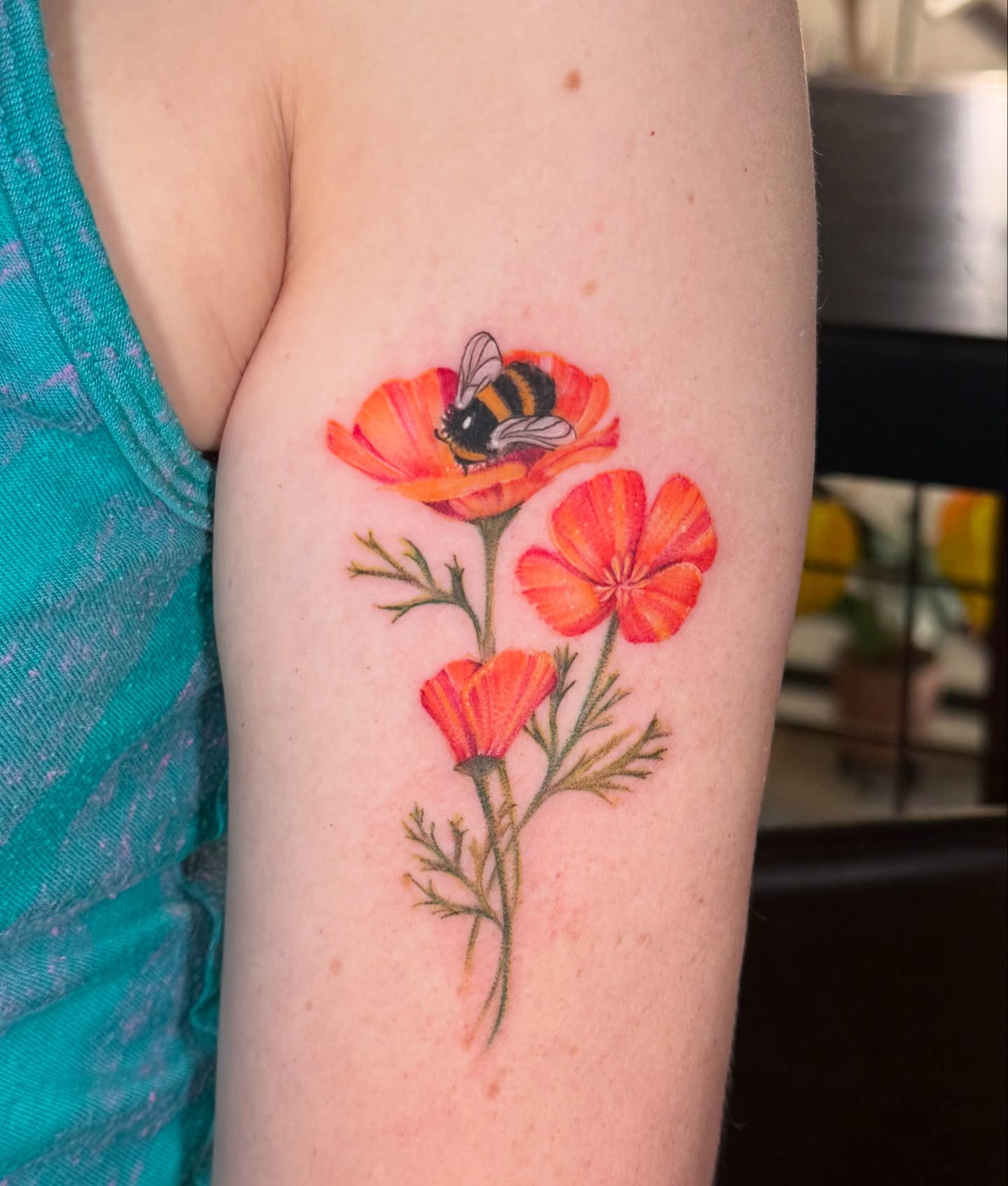 Flowers and bee realism tattoo on the forearm by πππππ βππ£π£ππ€ππ , Tucson, Arizona