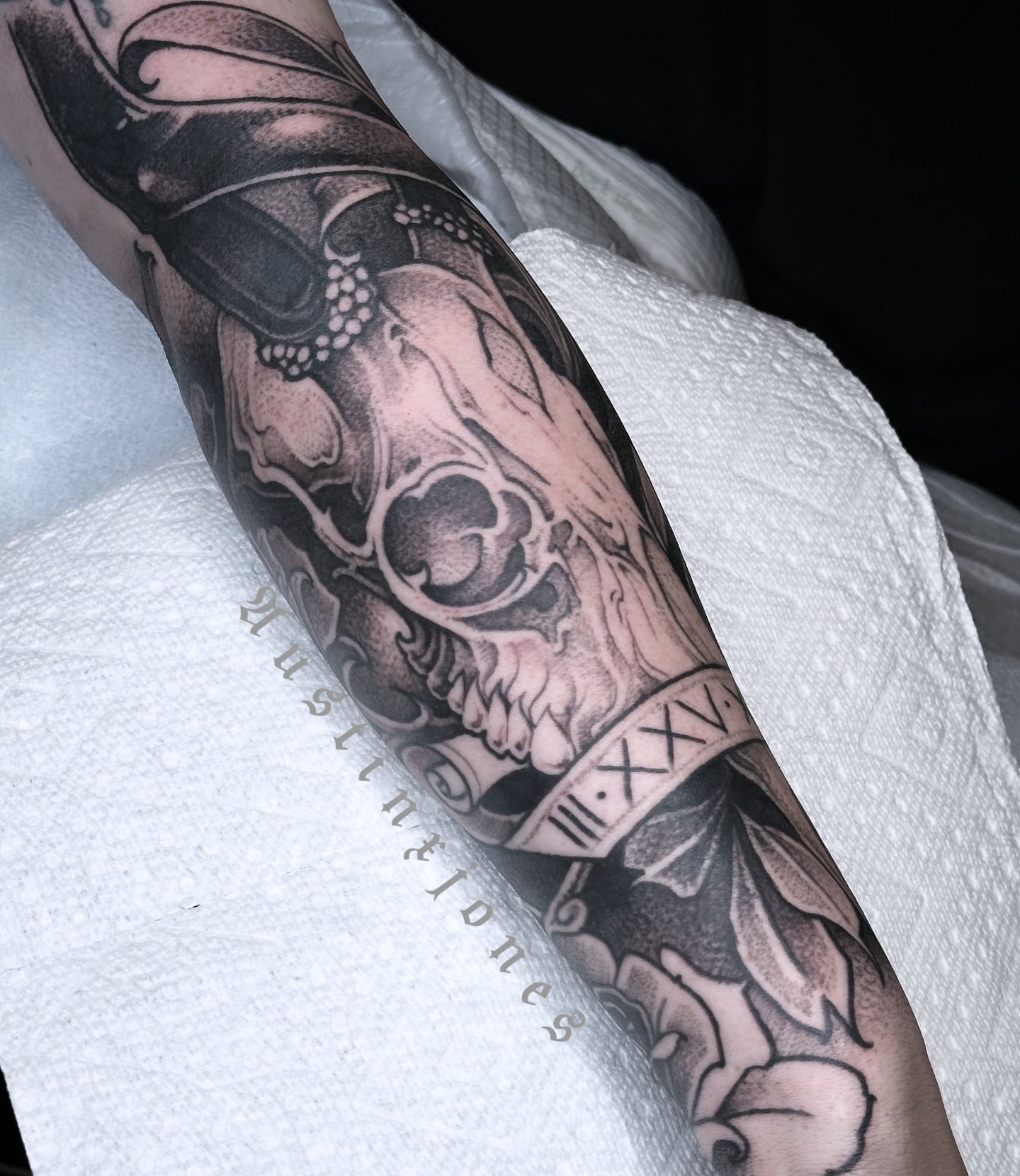 Skull and Roman numerals realism tattoo on the forearm by 👻✦ 🅐🅤🅢🅣🅘🅝🅧🅙🅞🅝🅔🅢 ✦👻