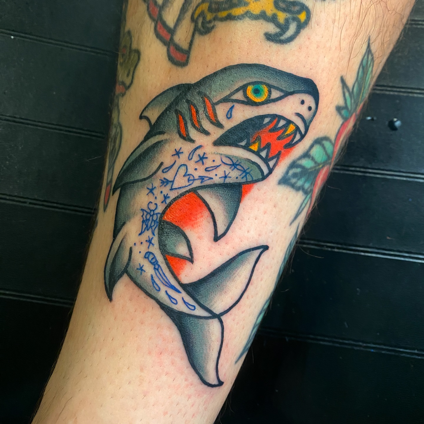Shark American traditional tattoo on the forearm by Marcos🇩🇴