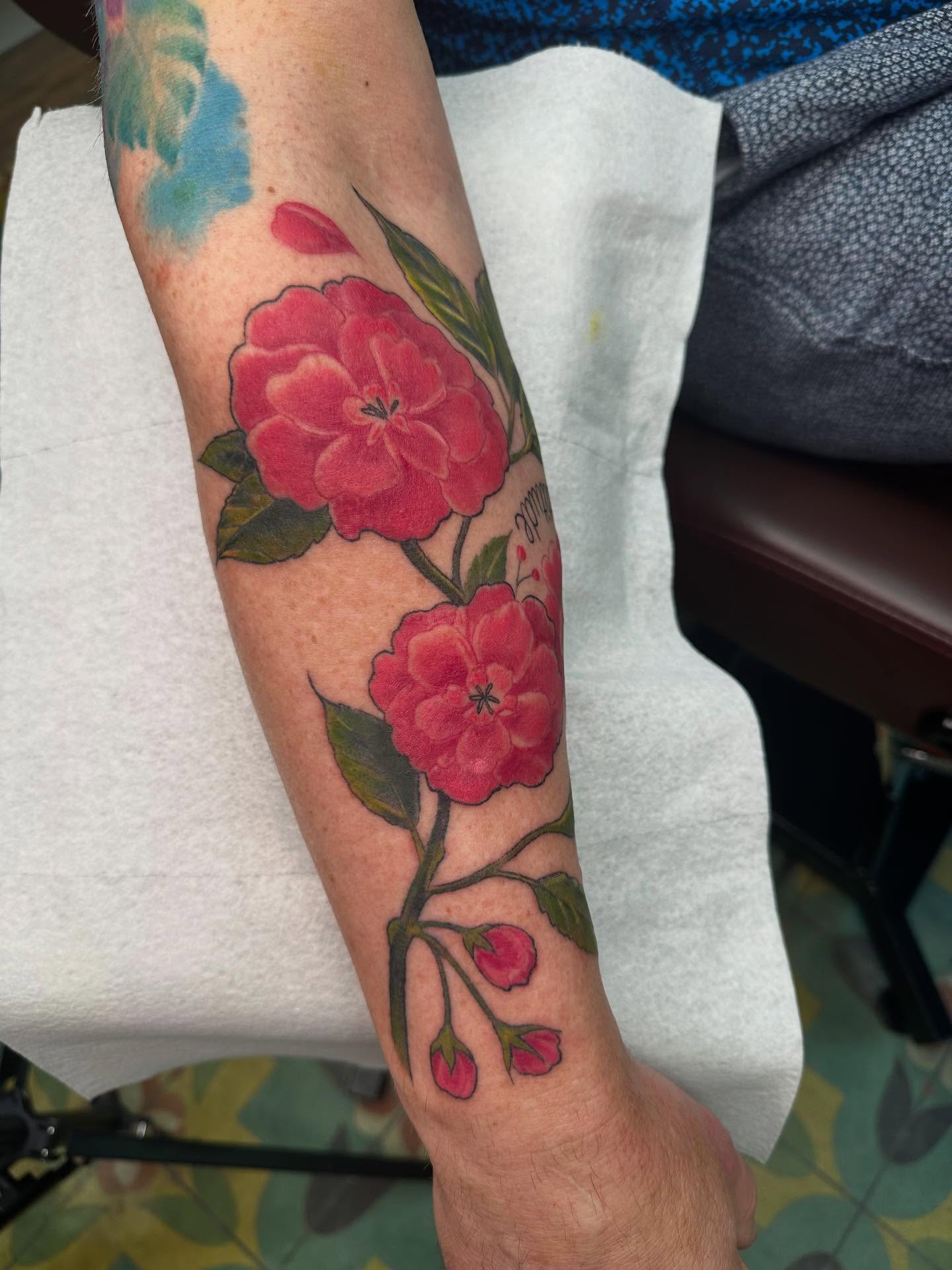 Cherry blossoms japanese irezumi tattoo on the forearm by Heather Tattoos Danvers MA