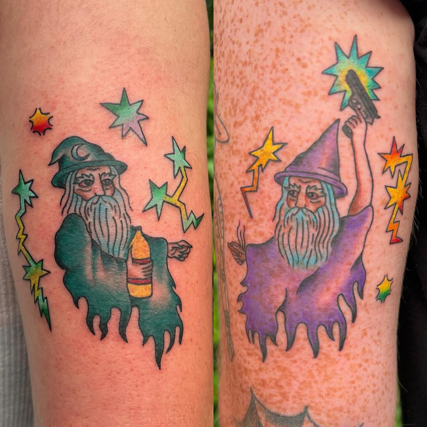 Wizard with stars American traditional tattoo on the forearm by Juliet Miller