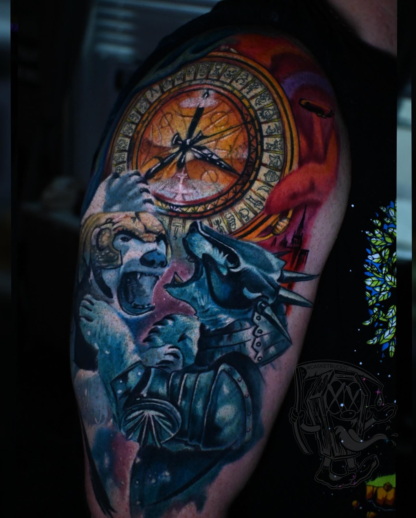 Clock and wolves dotwork tattoo on the forearm by William Pollock
