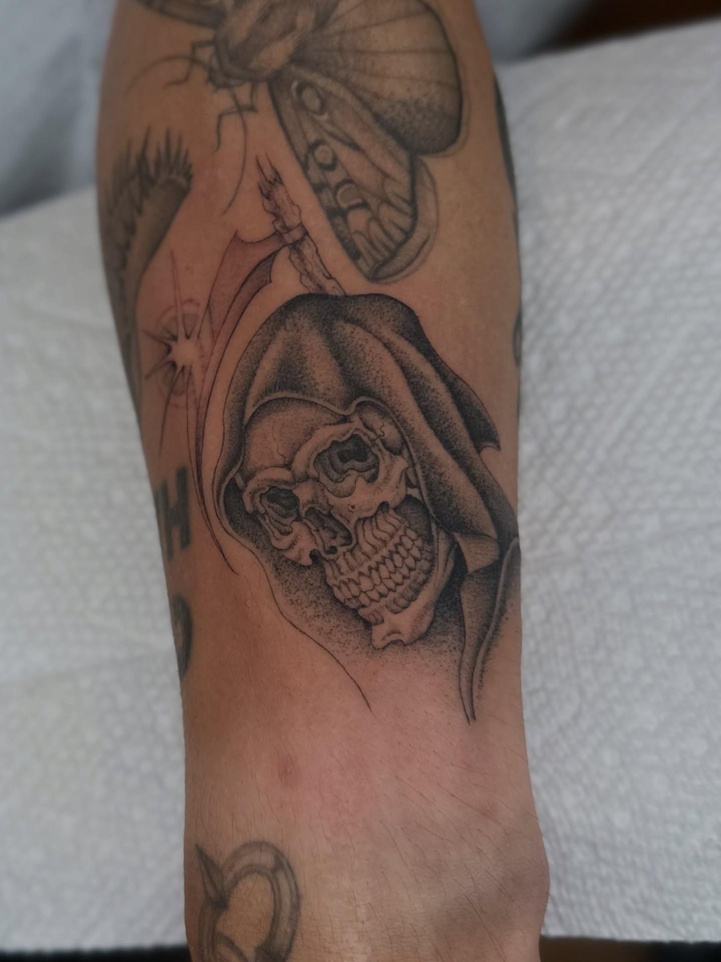 Grim reaper dotwork tattoo on the forearm by Адріянна Стабс 🇺🇦, New York, New York